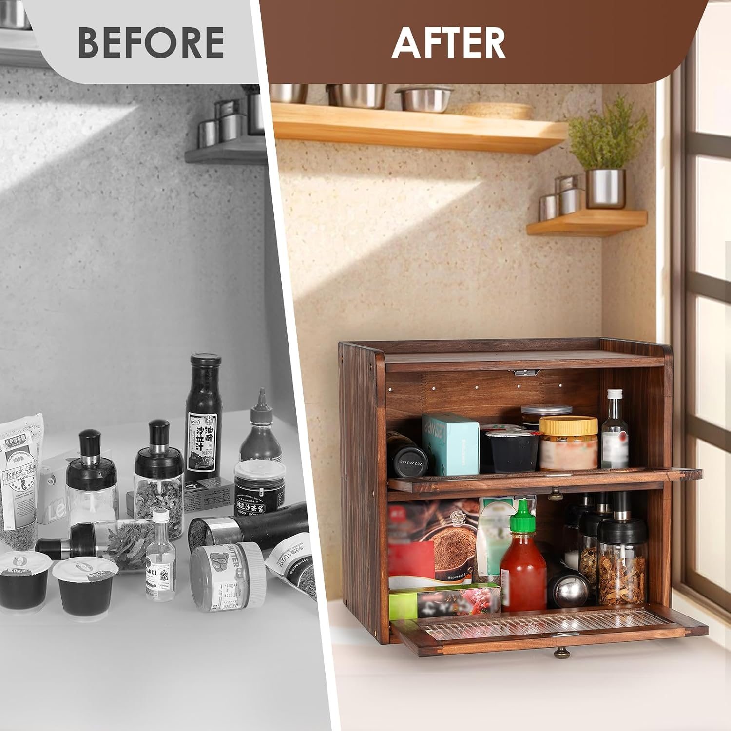 Sunhoo Bread Box for Kitchen Countertop Wooden Bread Storage Container Bin 2 Layer Breadbox Holder Large Capacity