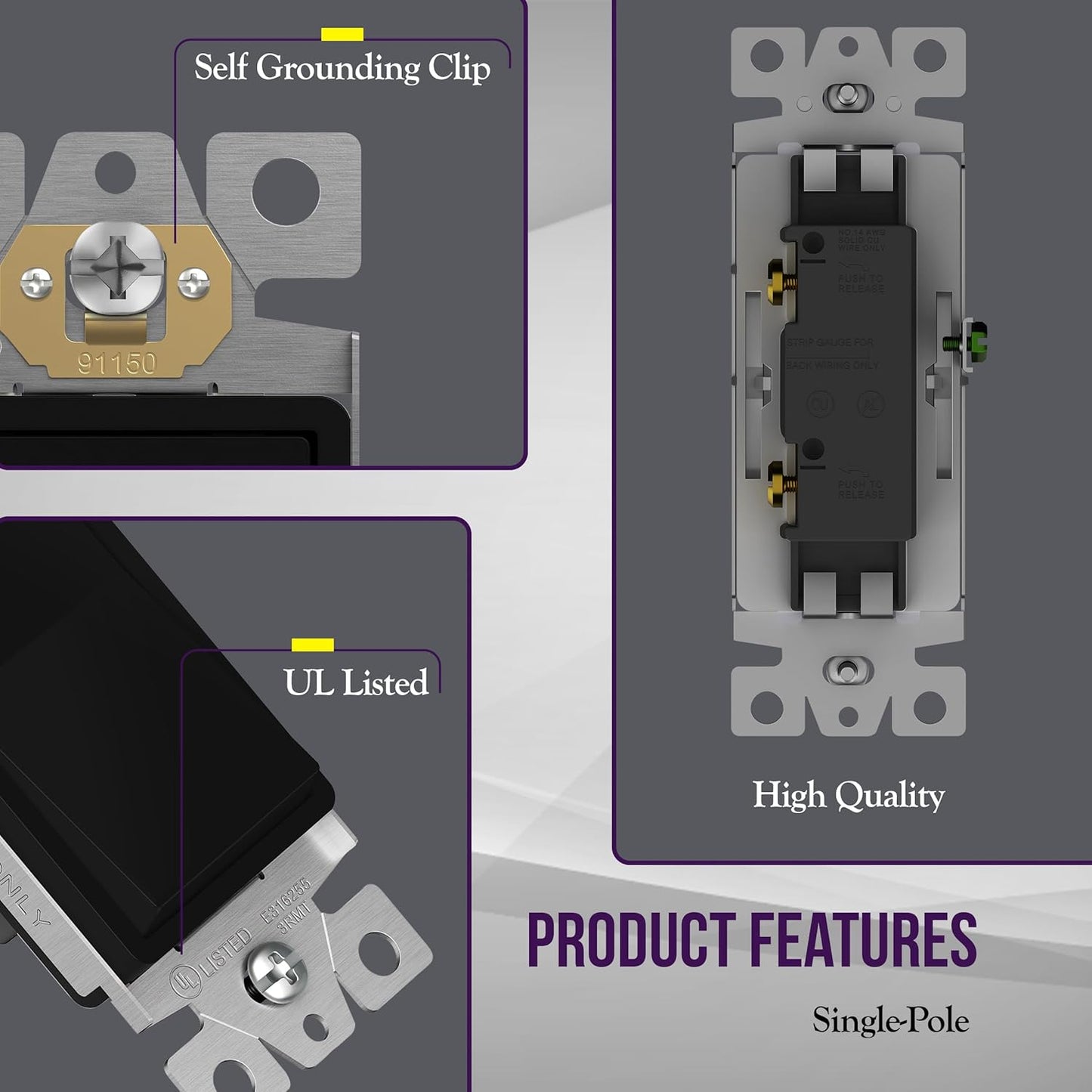 ENERLITES Decorator Paddle Rocker Light Switch with Wall Plate, Gloss Finish, Single Pole, 3 Wire, Grounding Screw