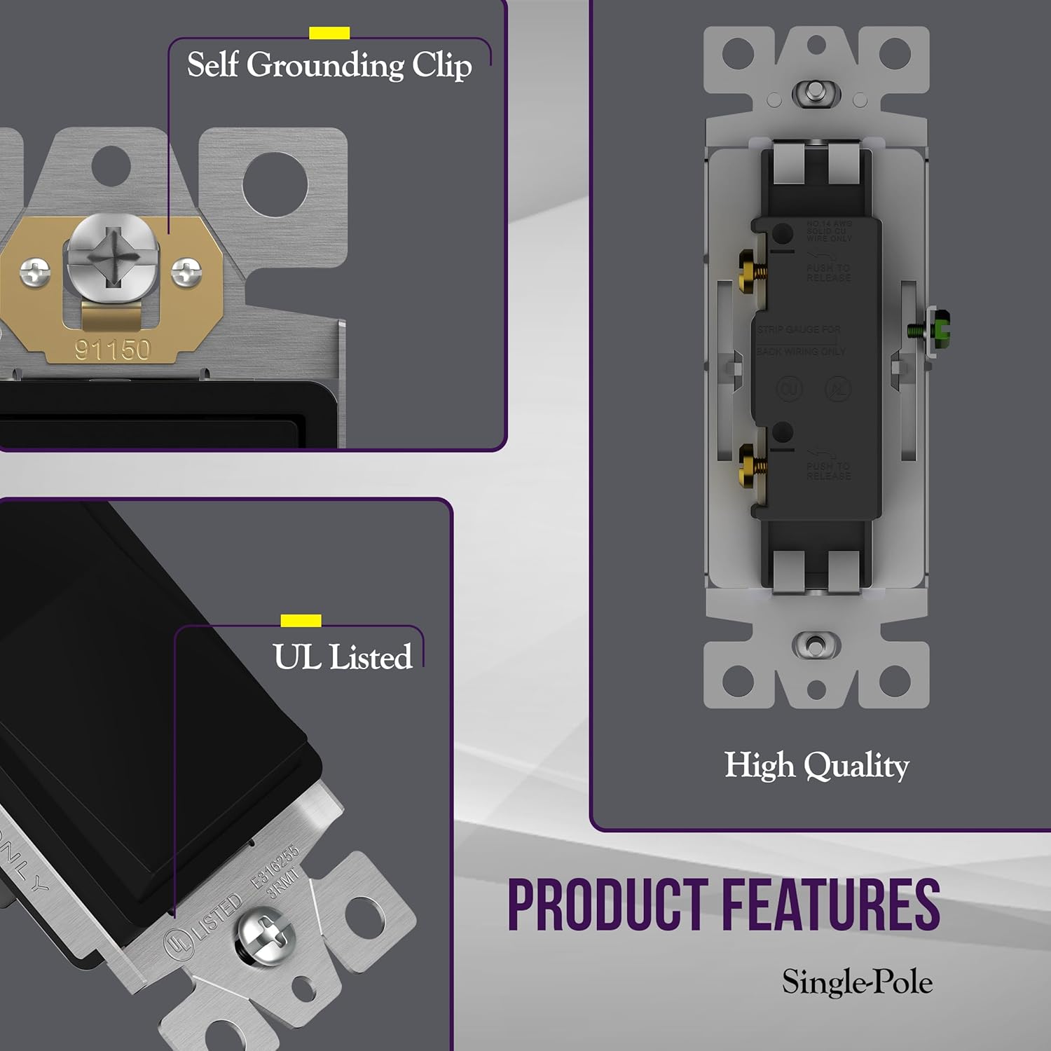 ENERLITES Decorator Paddle Rocker Light Switch with Wall Plate, Gloss Finish, Single Pole, 3 Wire, Grounding Screw