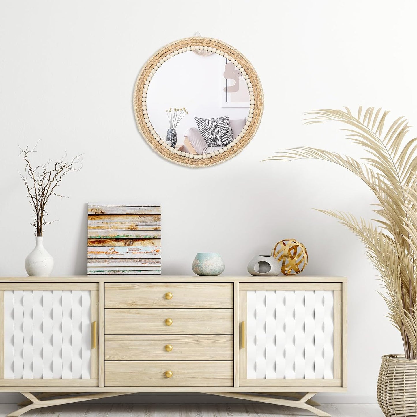 Boho Round Hanging Wall Mirror Decorative Rattan Circle Mirrors / 18 Inch Wood / 18 Inch