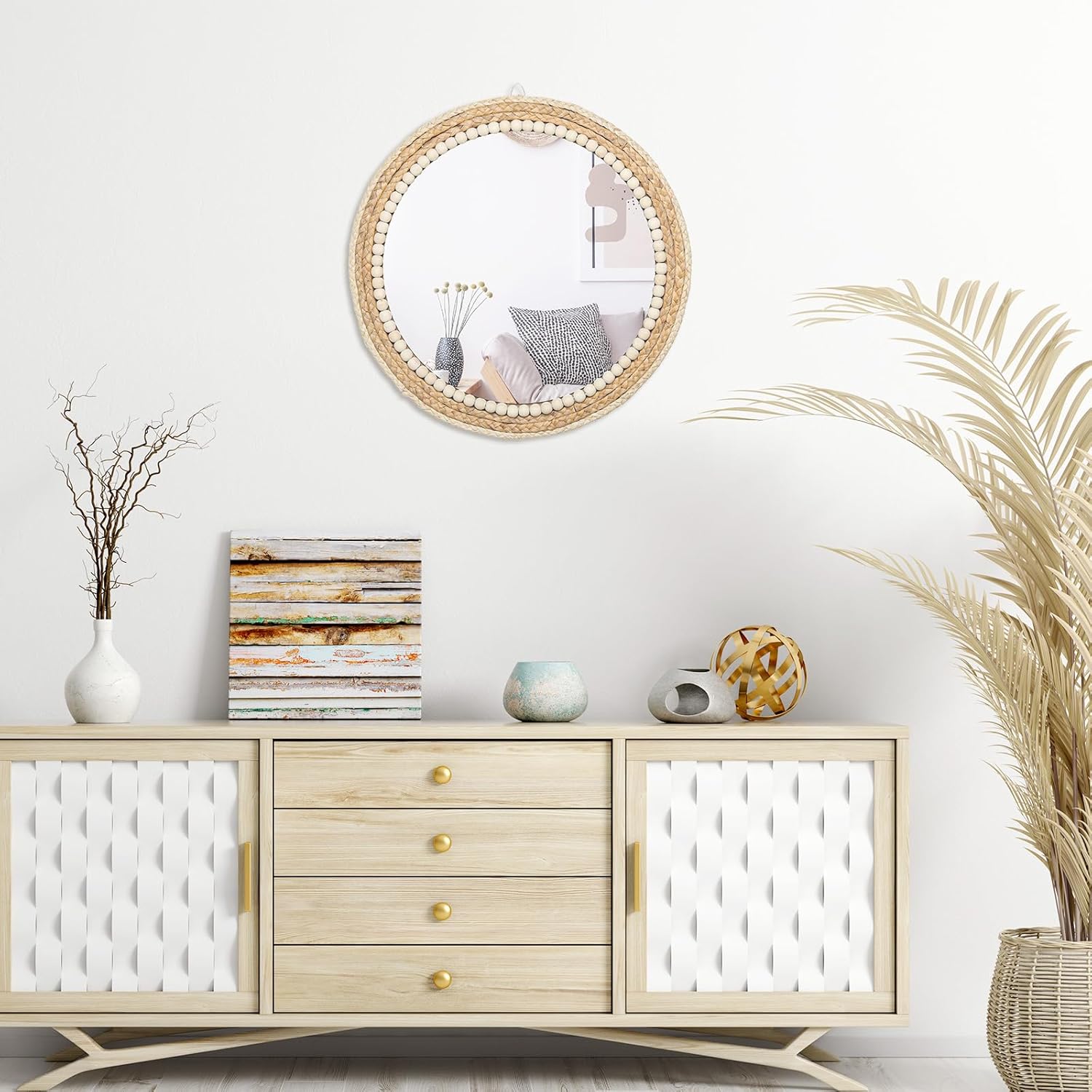 Boho Round Hanging Wall Mirror Decorative Rattan Circle Mirrors / 18 Inch Wood / 18 Inch