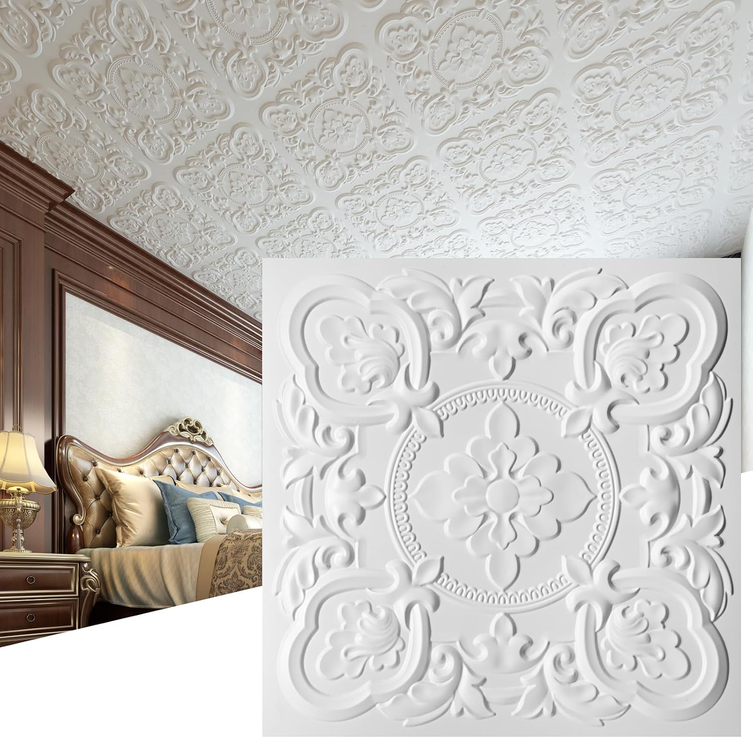 Art3dwallpanels Drop Ceiling Tiles, 24 x 24 Inch, 12 Pack, White | 3D Vintage Floral PVC Ceiling Panels, Fireproof