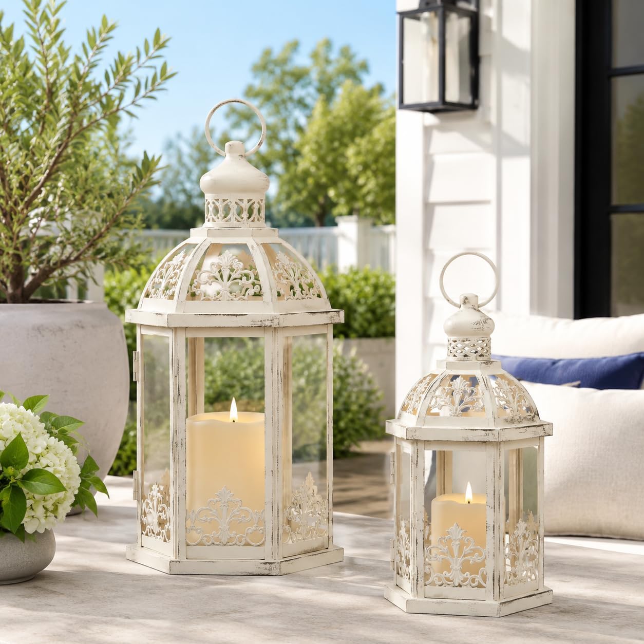Lanterns Decorative Outdoor&Indoor, Set of 2 (15"&11") Beige Metal Lantern Decor with Glass, Candle Holder for Porch