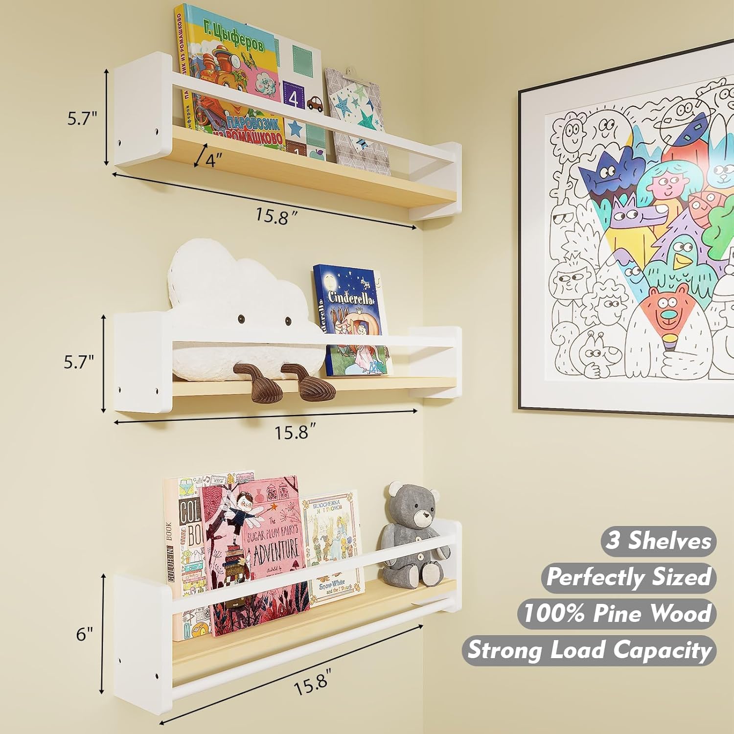 Pine Wood Nursery Shelves / White & Wooden / 16 In
