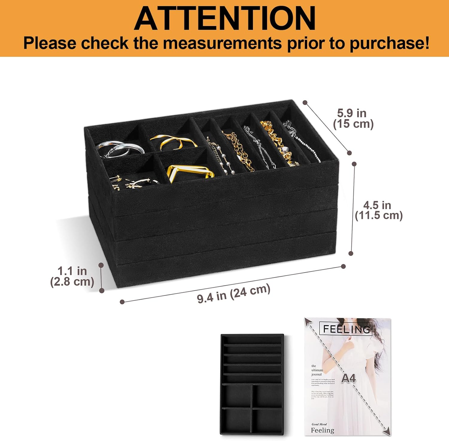 Stackable Jewelry Organizer Trays for Drawers / 4 Layers / Allblack