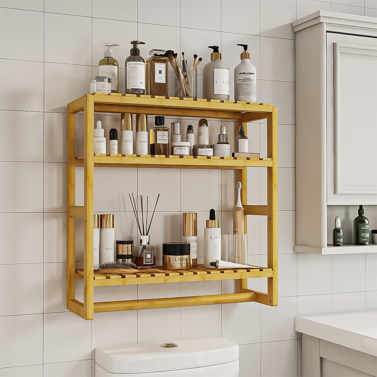 Galood Over The Toilet Storage Bathroom Shelves Wall Mounted 3 Tier Yellow | Space Saver Corner Shelf Organizer Bamboo
