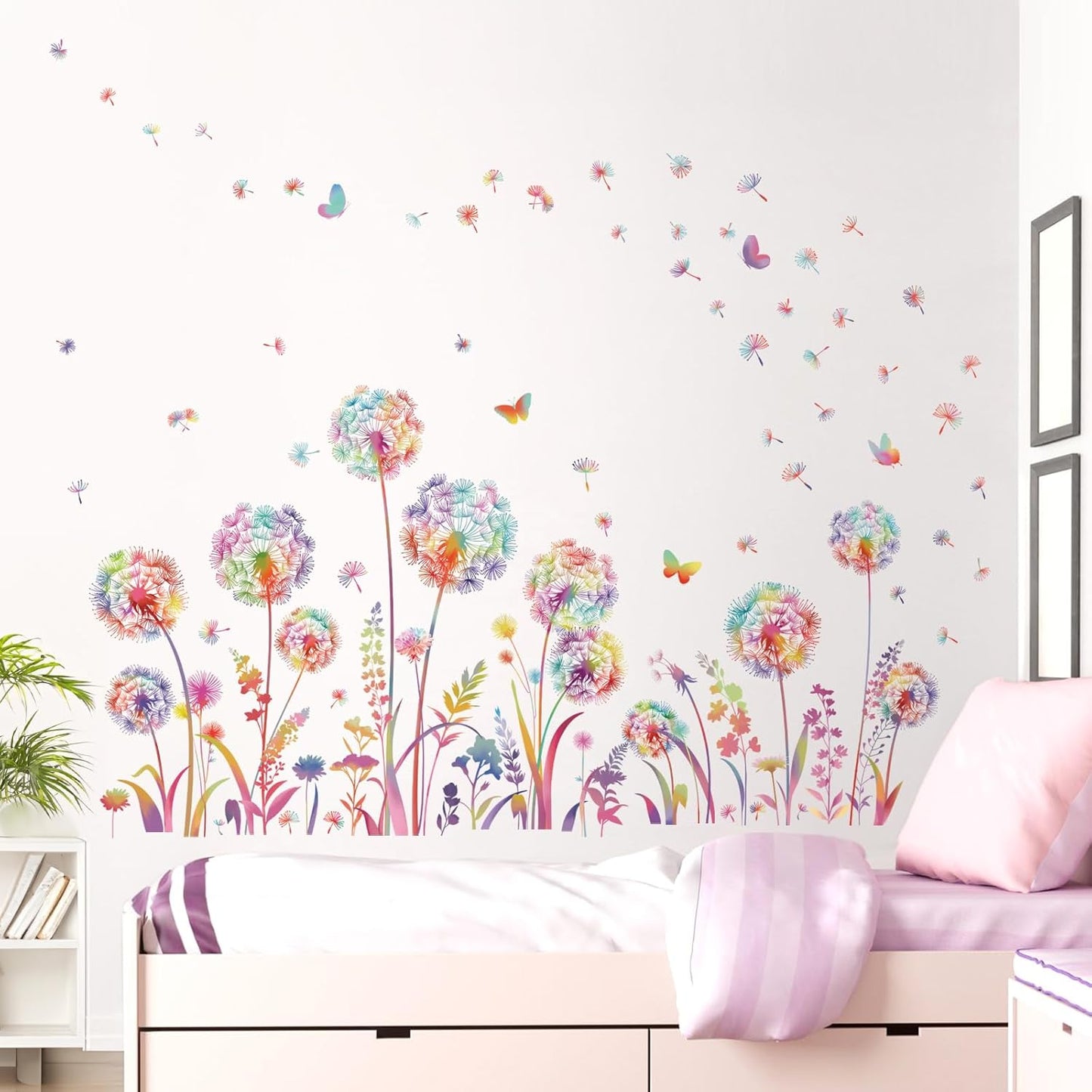 Colorful Dandelion Flower Wall Decals Flying Floral Butterfly Wall Stickers Living Room Bedroom