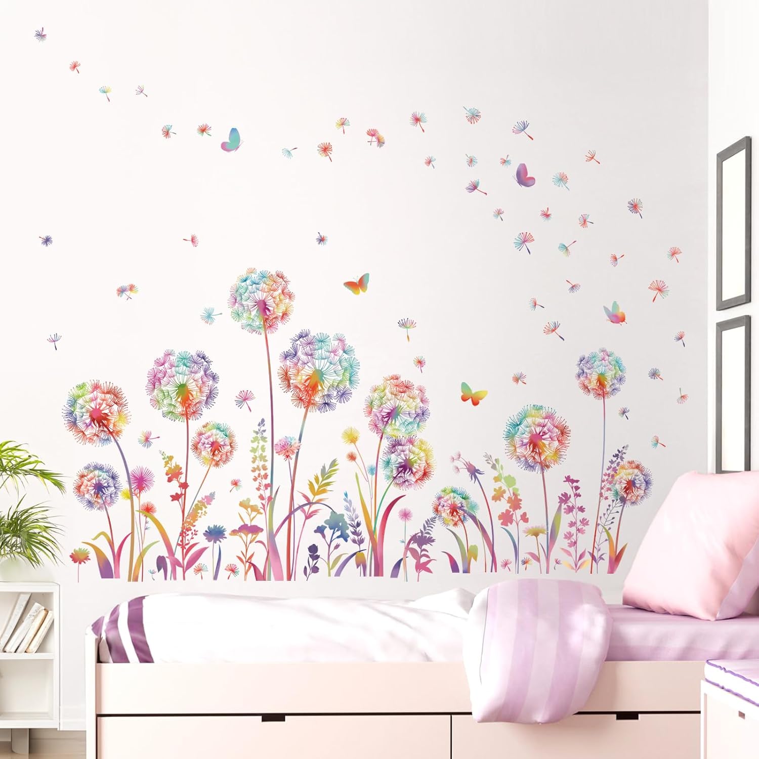 Colorful Dandelion Flower Wall Decals Flying Floral Butterfly Wall Stickers Living Room Bedroom