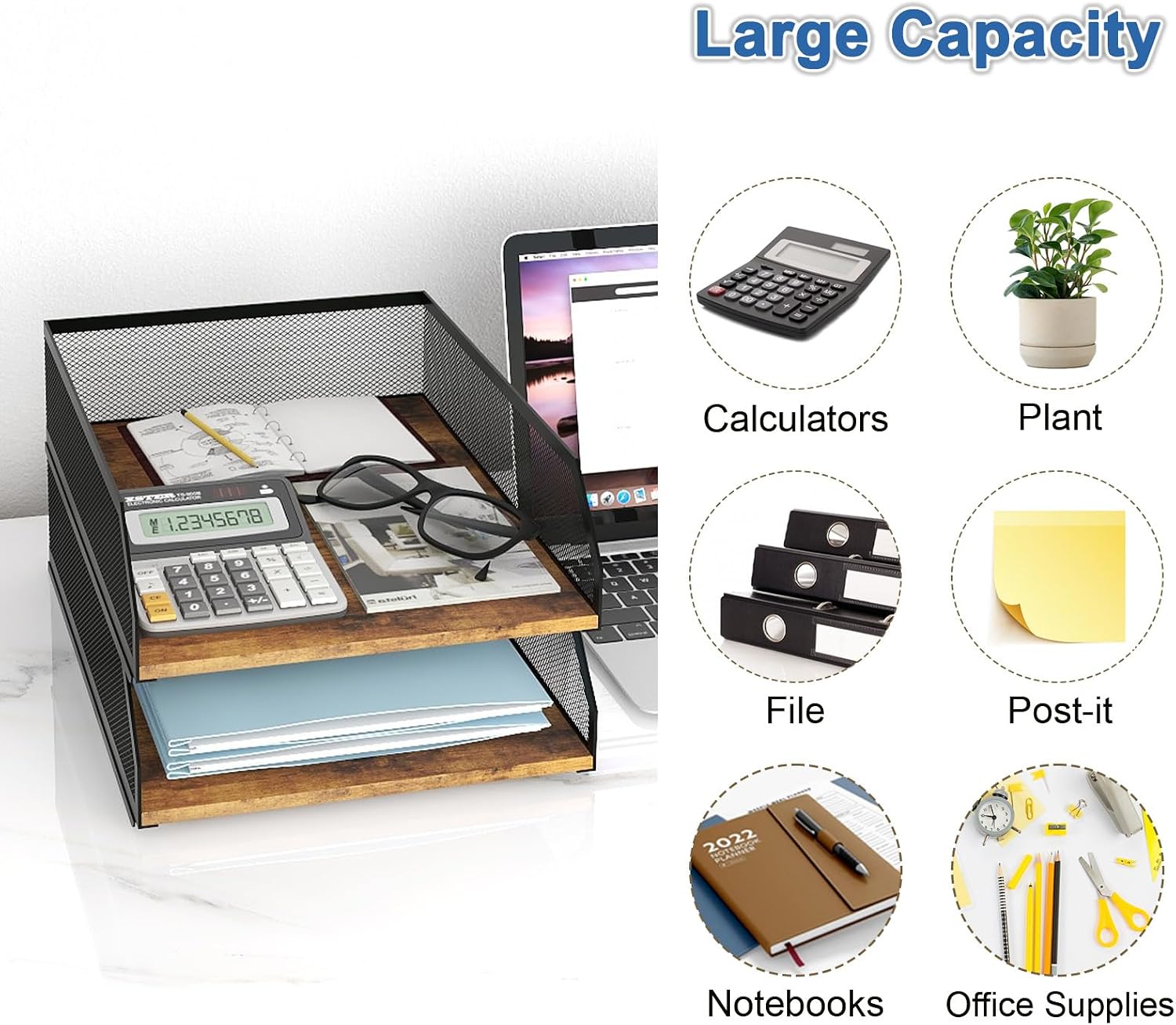Natwind 2-Tier Stackable Metal Mesh Paper Organizer with Sliding Tray,Retro | Wooden Desk Organizer, Letter Tray For