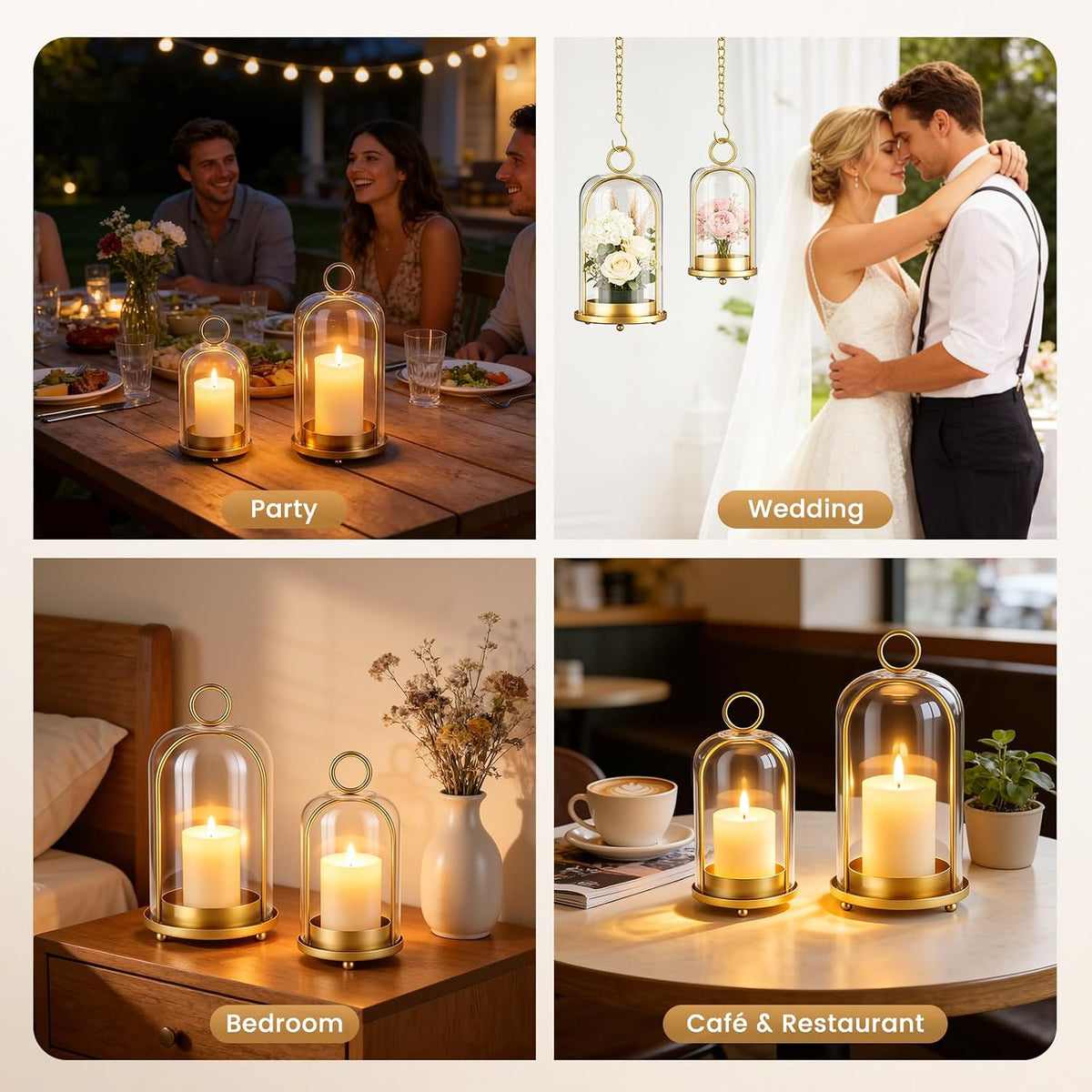 Metal Candle Holder, 5"&4" Wide Hurricane Glass Candle Holders with Handmade Glass Dome, Hanging Brass Candle Lantern