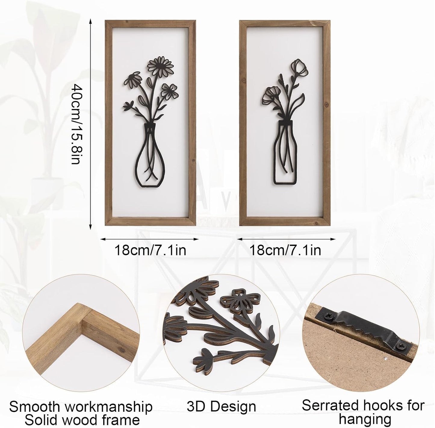 3D Wooden Flower Wall Art / White-black / 15.7 x 7.1 / Set of 2