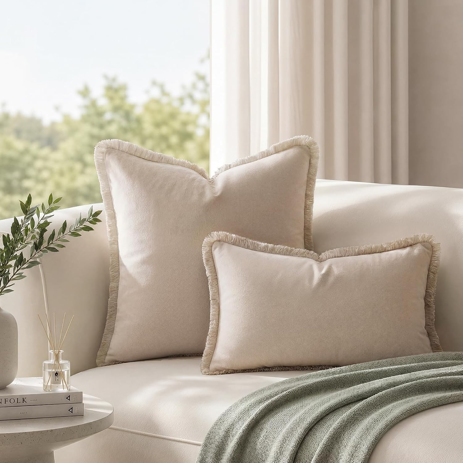 Neutral Velvet Throw Pillow Covers / Beige / 18 x 18 / Set of 2