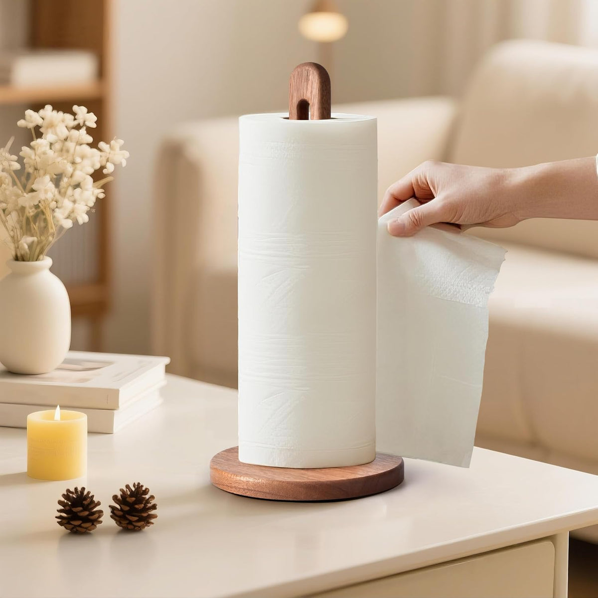 KitchLife Acacia Wooden Paper Towel Holder Countertop, 6.5" Jumbo Base, Fits Jumbo Rolls, Large Freestanding Dark Wood
