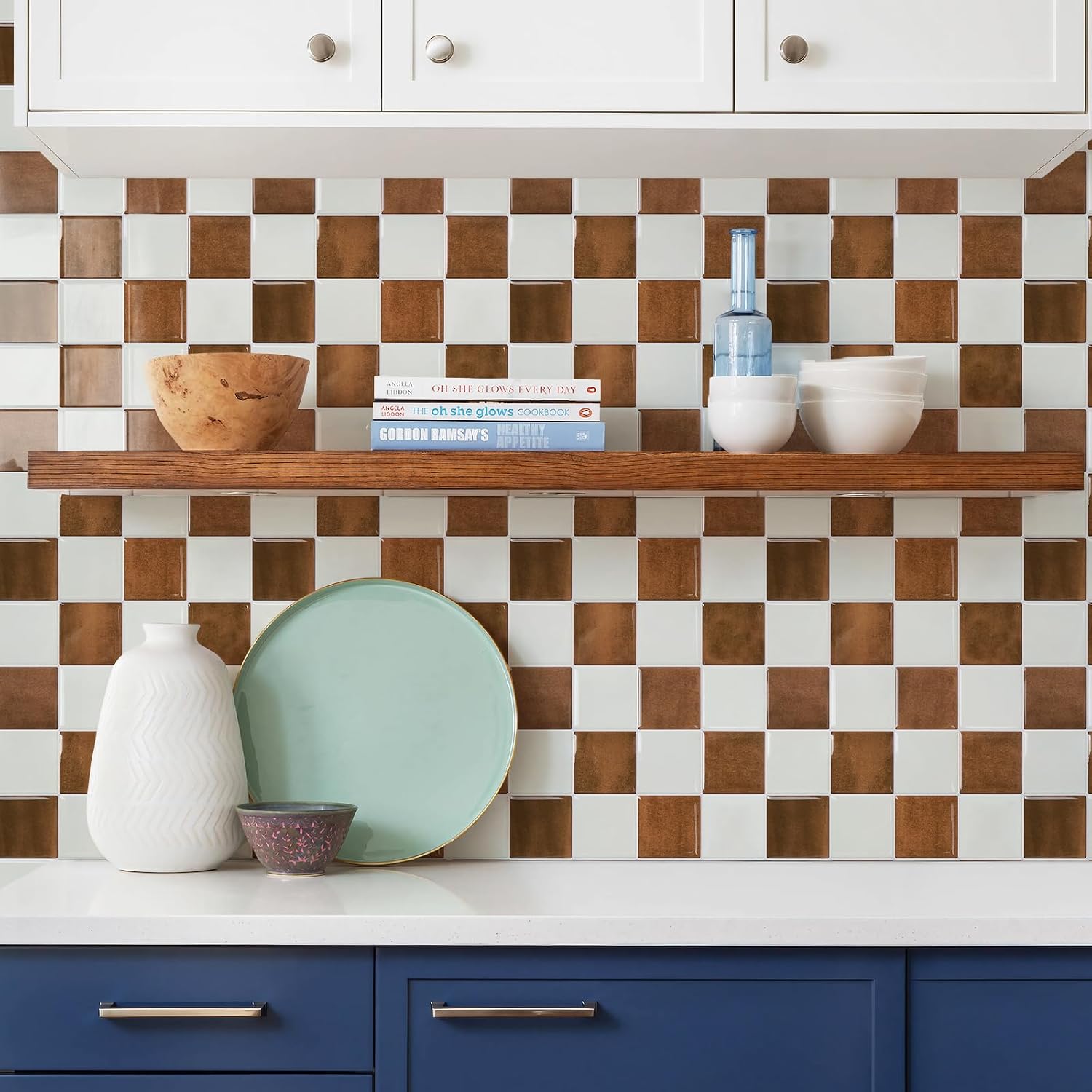 3D Adhesive Peel and Stick Tile Backsplash / White,orange / 9 x 9