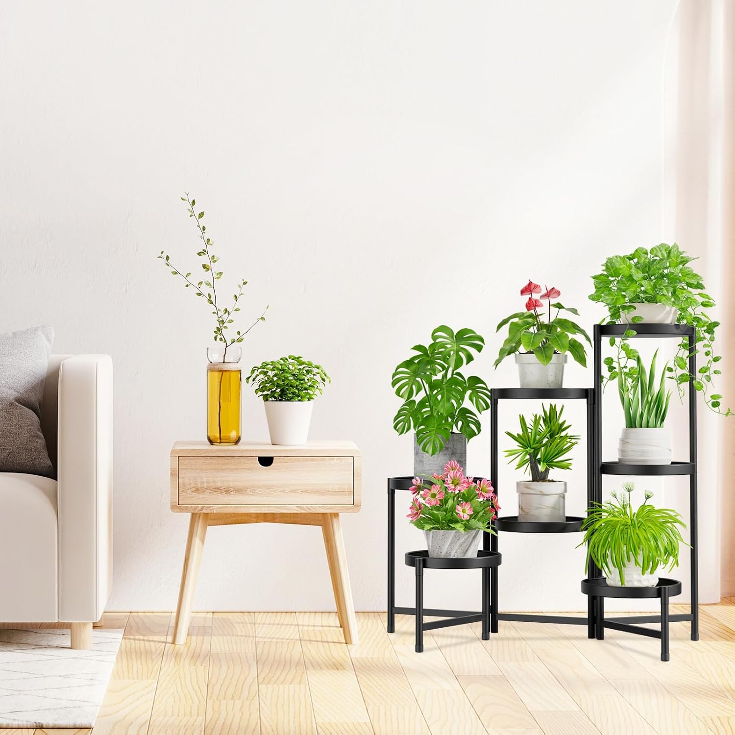 iDavosic.ly 7 Tier Large Plant Stand Indoor Outdoor, 10 In Wide Tray, Black | Tiered Metal Corner Heavy Duty Multiple