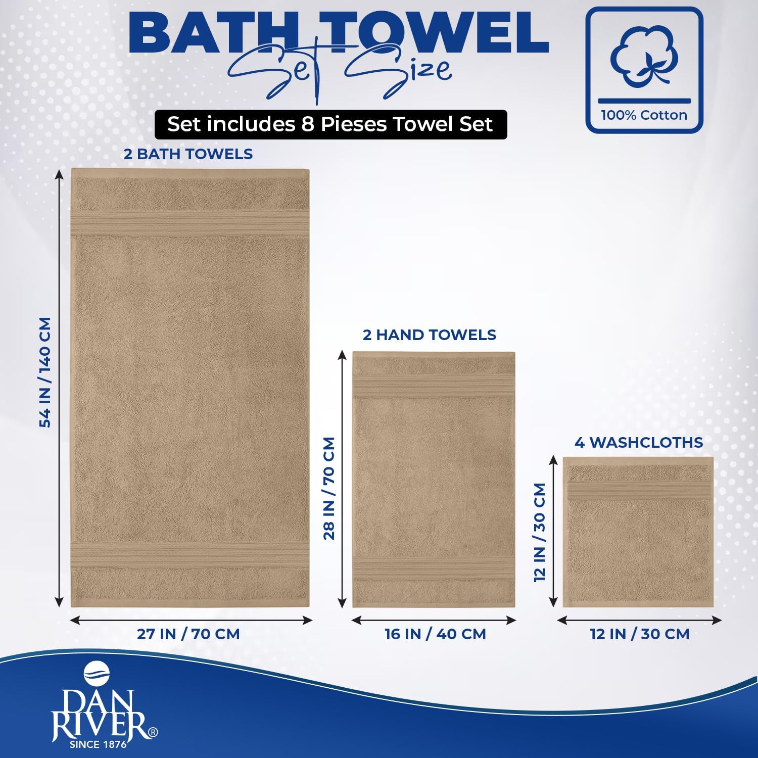 DAN RIVER 8 Piece Luxury Bath Towels for Bathroom, Towel Set, Tan | 2 Bath towels, 2 Hand towels, and 4 Wash Cloths