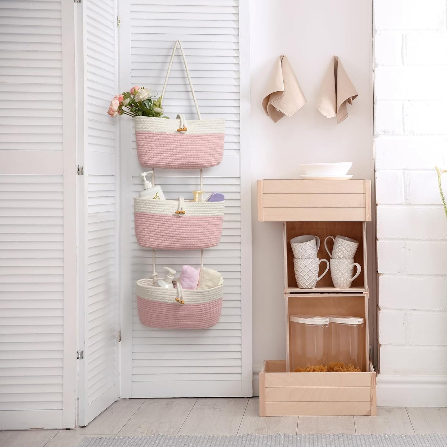 3-Tier Woven Cotton Storage Organizer Bag / Pink+white / 3 Tier+button