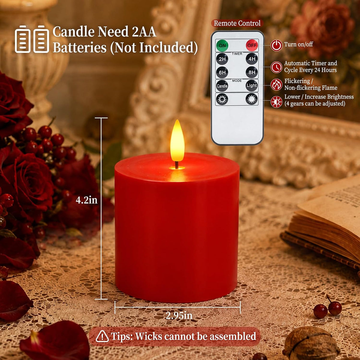 Homemory 3x3 Red Flameless Candles Battery Operated with Remote Timer, 3PC | Real Wax LED Pillar Candles with 3D Wick