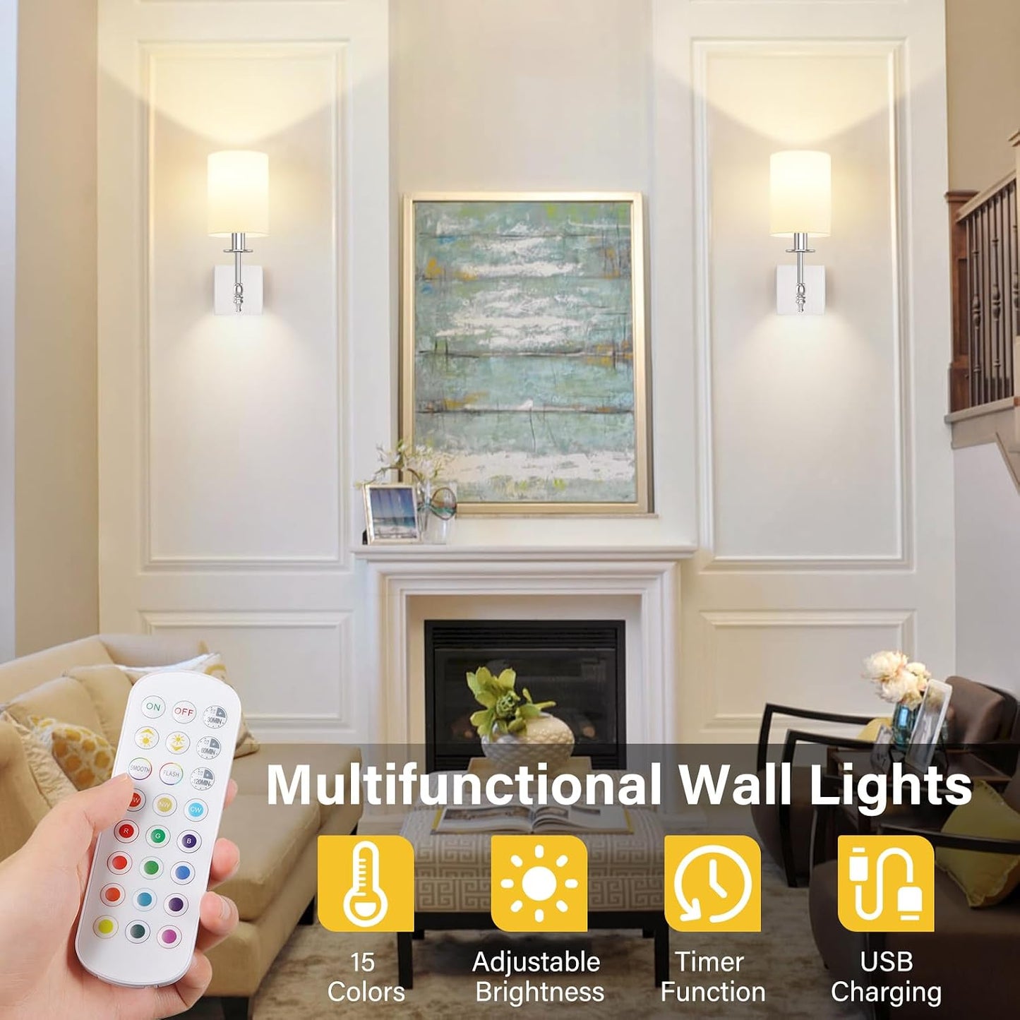 14 Inch Battery Operated Wall Sconces Set of 2 with Remote, Brushed Nickel Rechargeable Wireless Wall Lights with White