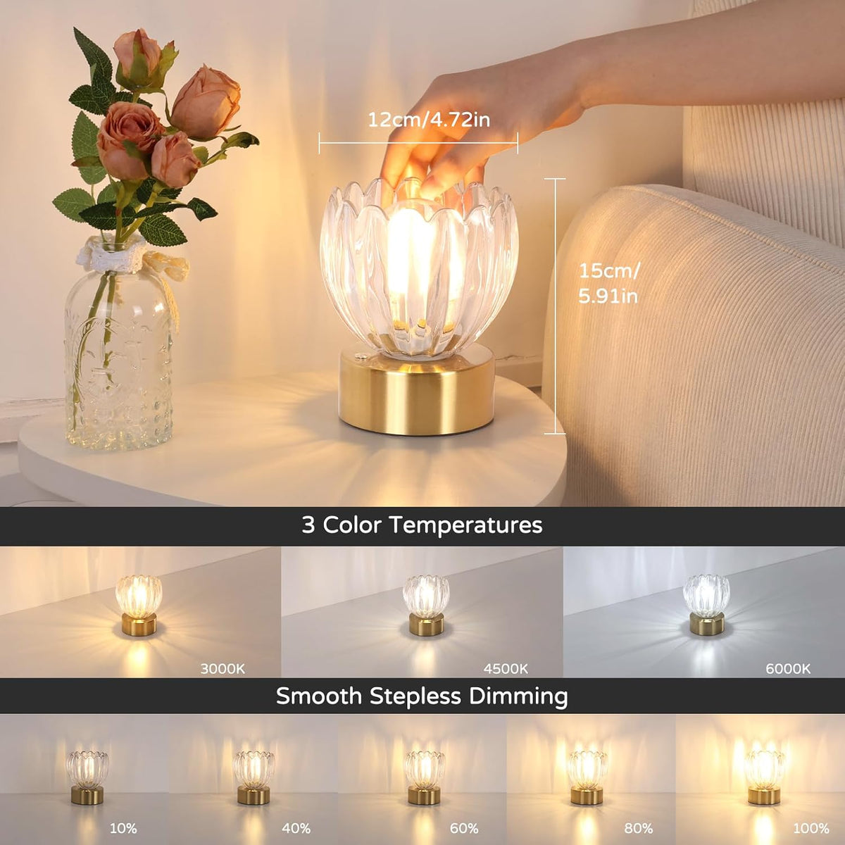 Shenmoyl Cordless Small Table Lamp with 5200mAh Battery & Touch Control, Battery Operated Tulip Table Lamp with 3