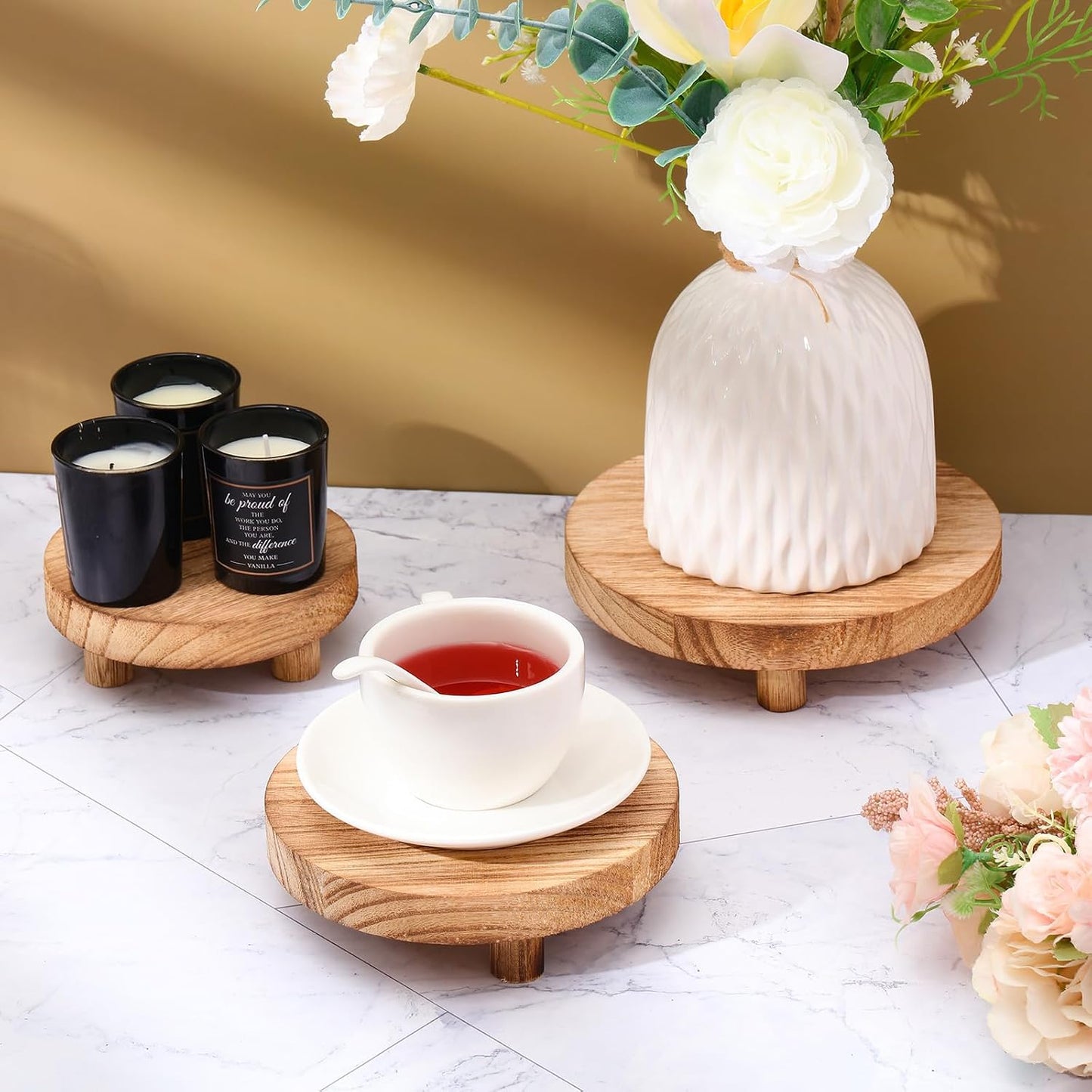 Wooden Risers for Display Wood Pedestal Stand Mini Tray Stand Round Wooden / Light Brown / Set of 4