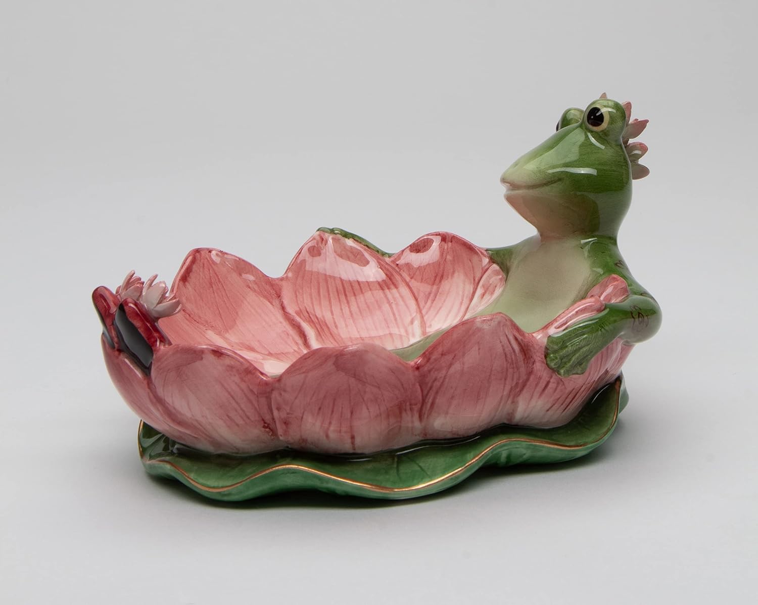 Fine Ceramic Hand Painted Lady Frog on Water Lily Lotus Flower Soap Dish or Nic Nac Dish or Jewelry
