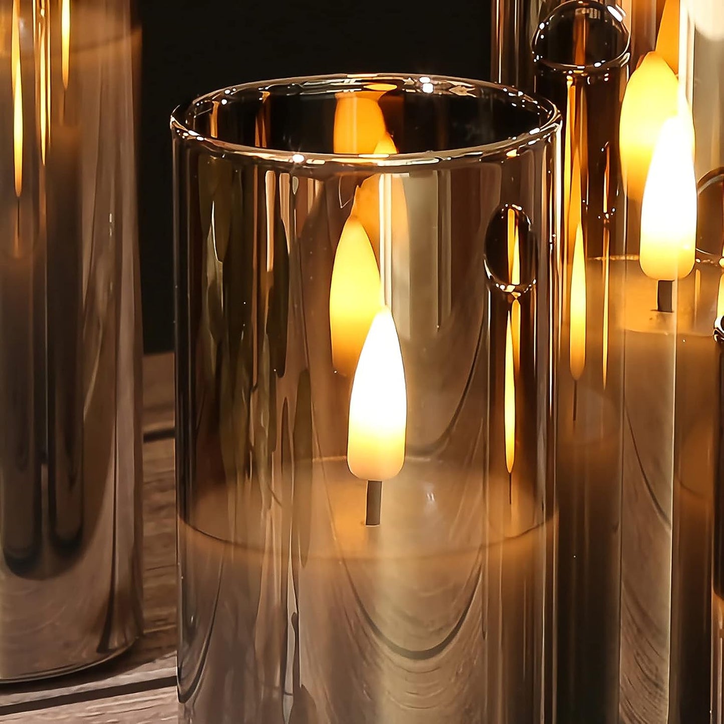 Grey Glass Flameless Pillar Candles with Remote Batteries Set of 5 | Flickering Tall LED Candles, Batteries Included