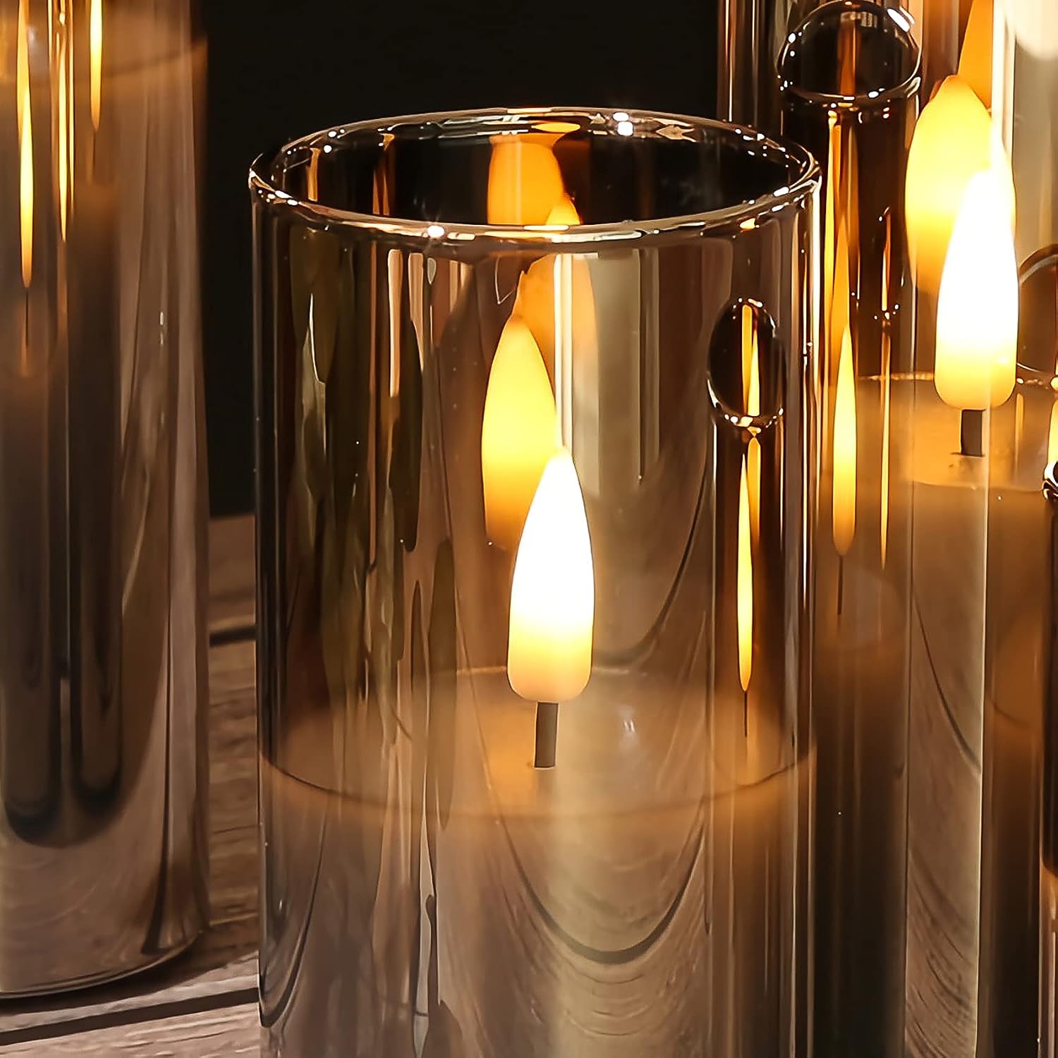 Grey Glass Flameless Pillar Candles with Remote Batteries Set of 5 | Flickering Tall LED Candles, Batteries Included