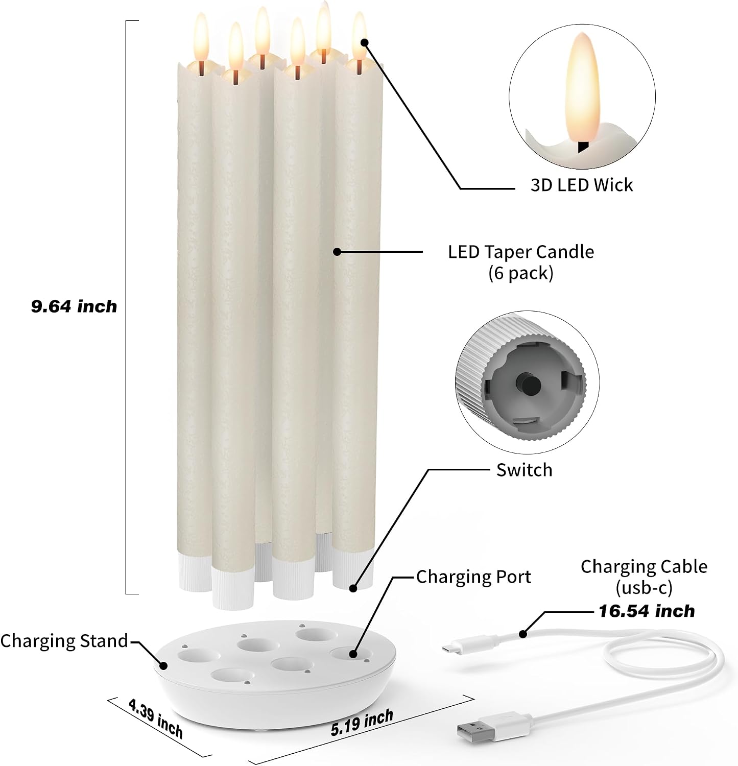 Rechargeable Flameless Taper Candles with Remote, Charging Base, 6 Pcs | 0.78x9.6" ivory wax LED tapers, 3D flicker