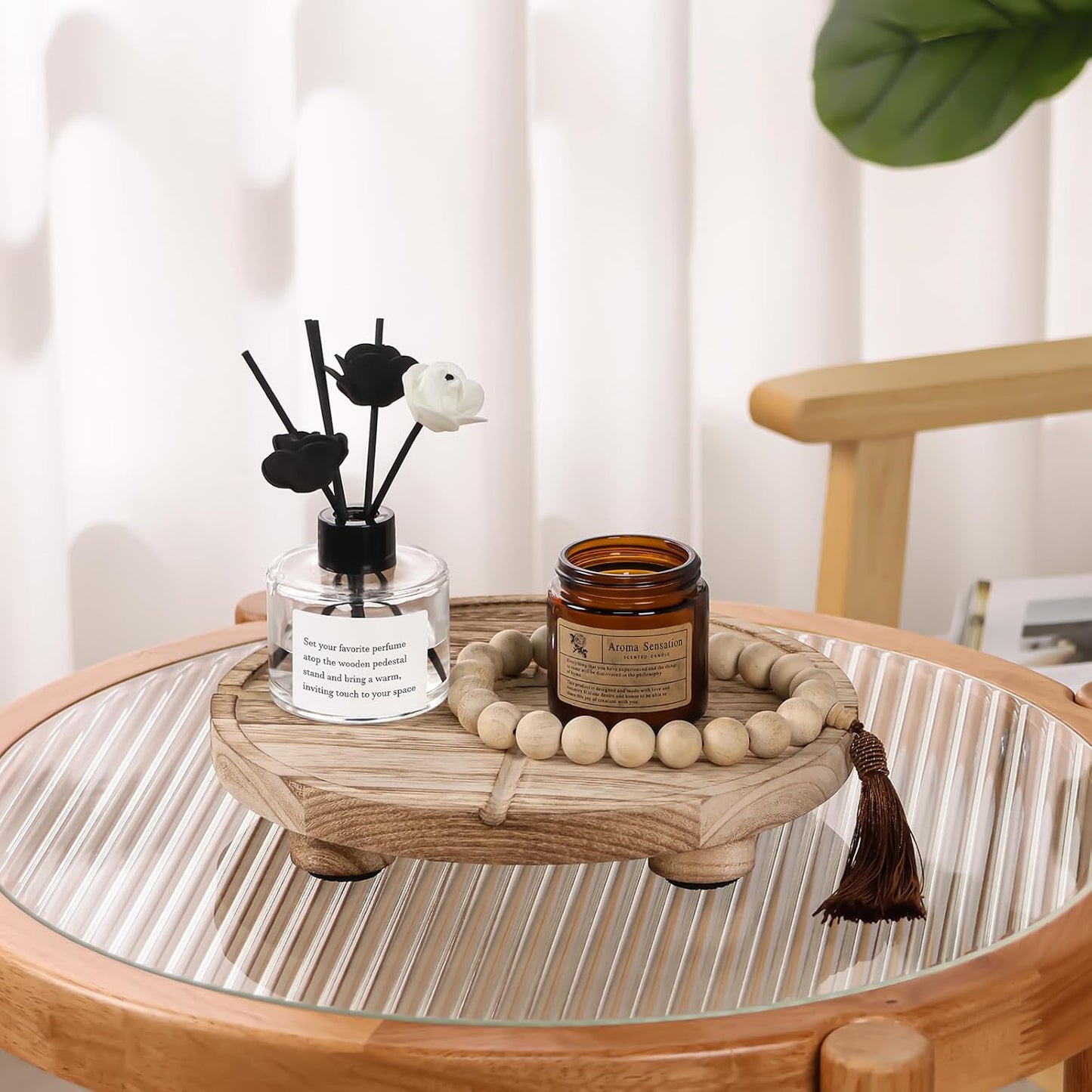 12'' Round Wooden Tray Pedestal Stand / 12''-light Brown