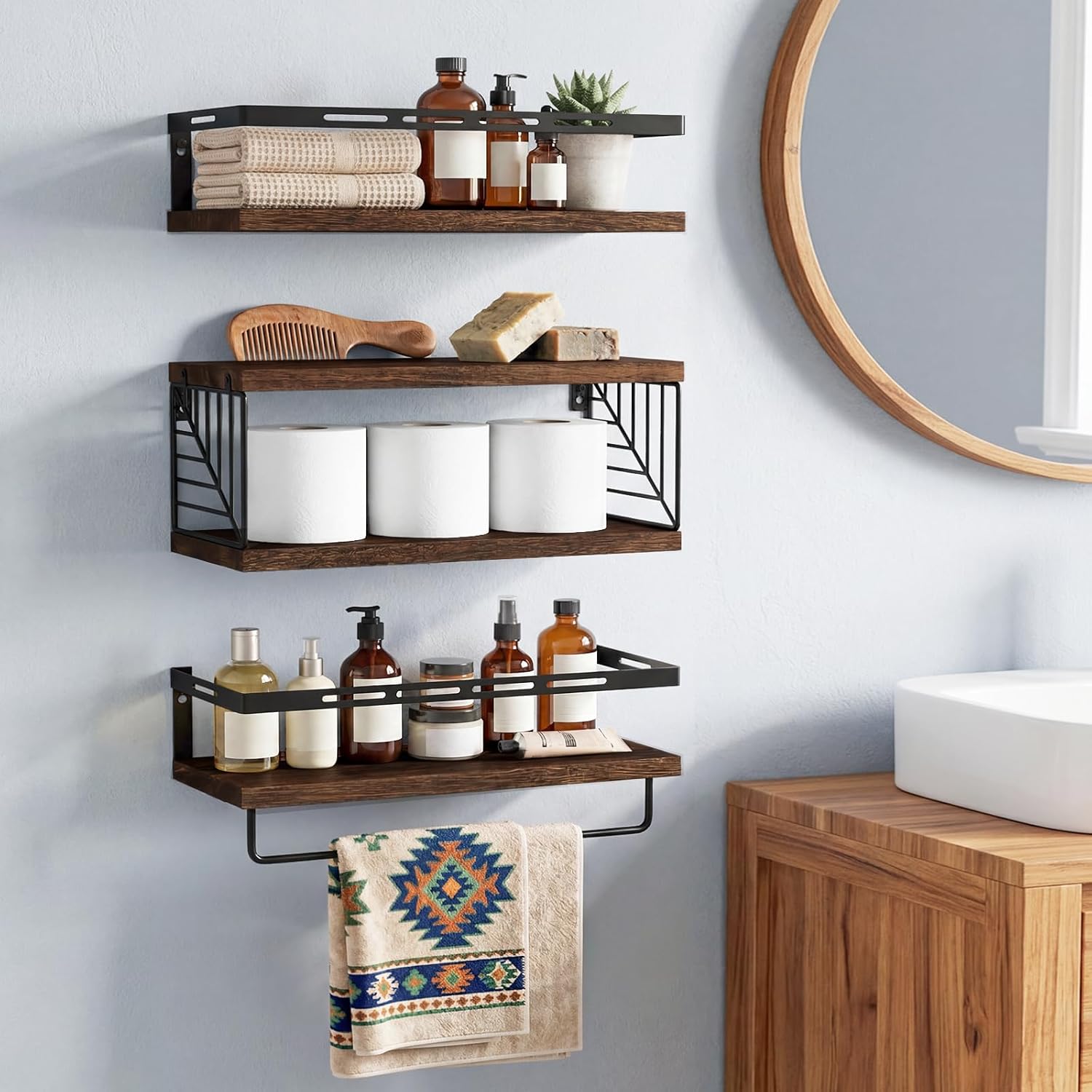 Fixwal Wall Mounted Bathroom Shelves Over Toilet (3+1 Dark Brown) | Wall Shelf with Basket Storage , Towel Bar, Solid