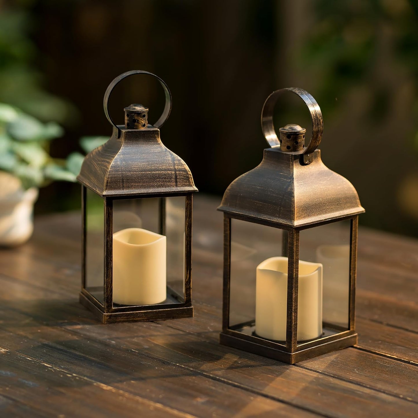 Bronze Small Lanterns with LED Candles, Set of 6 Wedding Decor | Antique Bronze Rustic Lanterns with Glass Panels