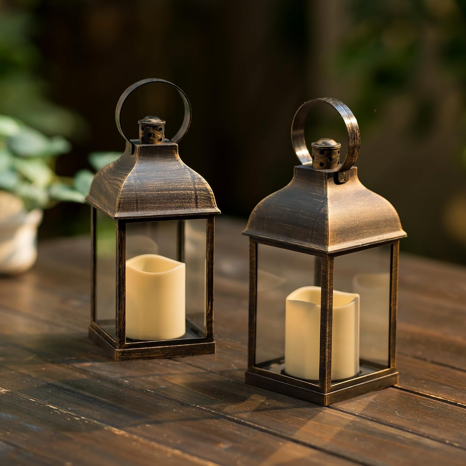 Bronze Small Lanterns with LED Candles, Set of 6 Wedding Decor | Antique Bronze Rustic Lanterns with Glass Panels