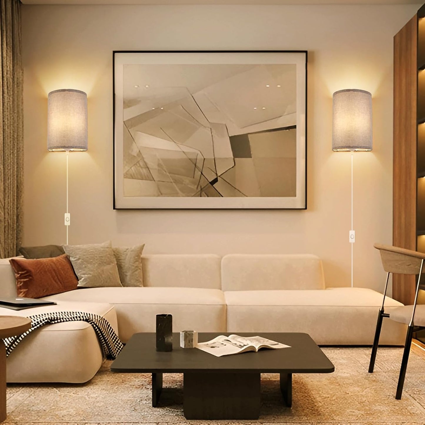 Wall Sconces Set of 2, Plug in Wall Sconces with On/Off Switch, 3-Color Selectable (3000K/4000K/6000K), Fabric Linen