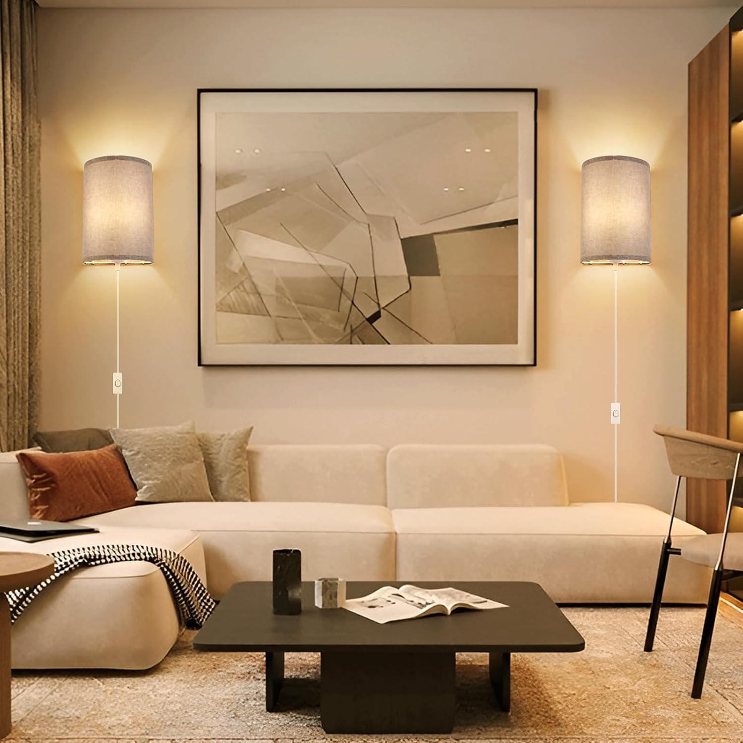 Wall Sconces Set of 2, Plug in Wall Sconces with On/Off Switch, 3-Color Selectable (3000K/4000K/6000K), Fabric Linen