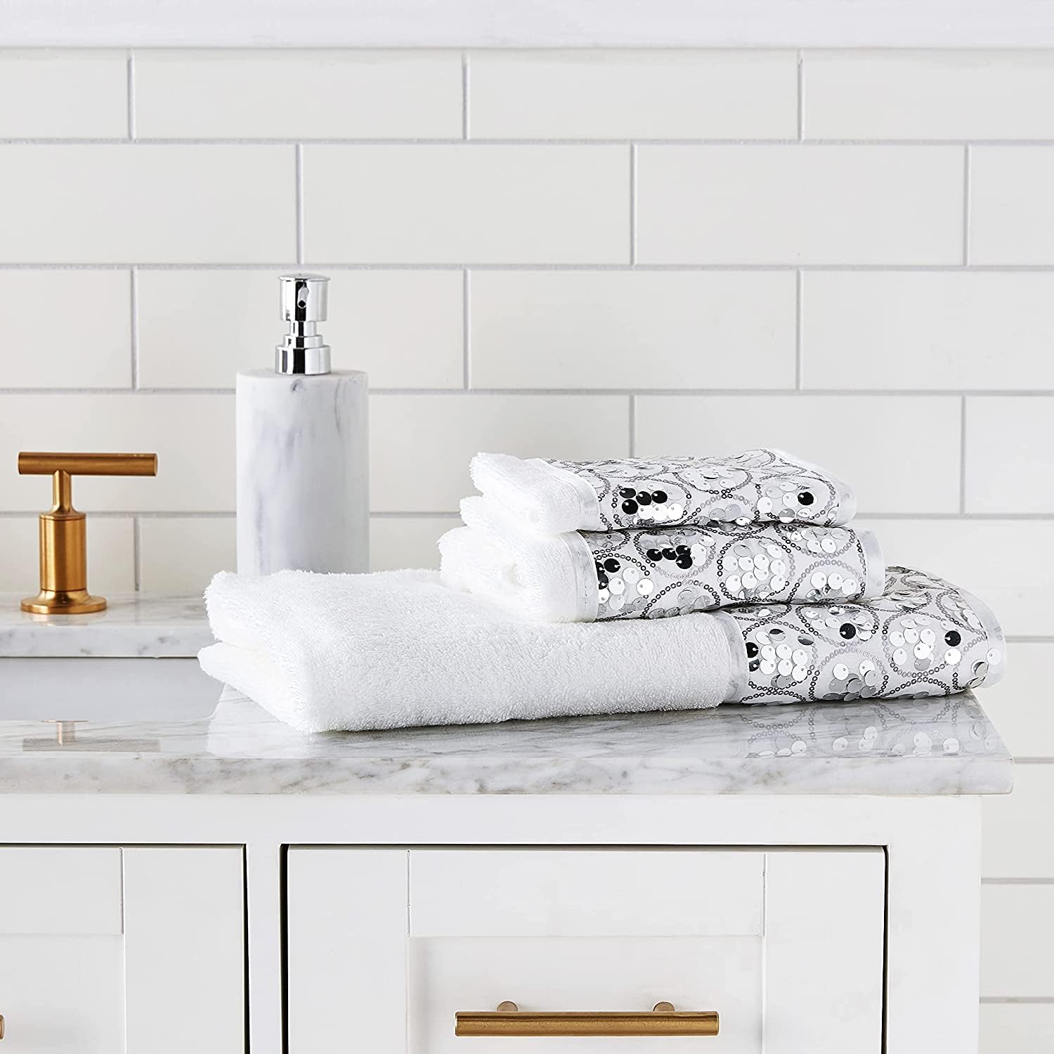 Zahari Home Sinatra Modern Bathroom Towel Set - 3 Piece Luxury Contemporary Decor Bling White Bath Towel Sets Soft