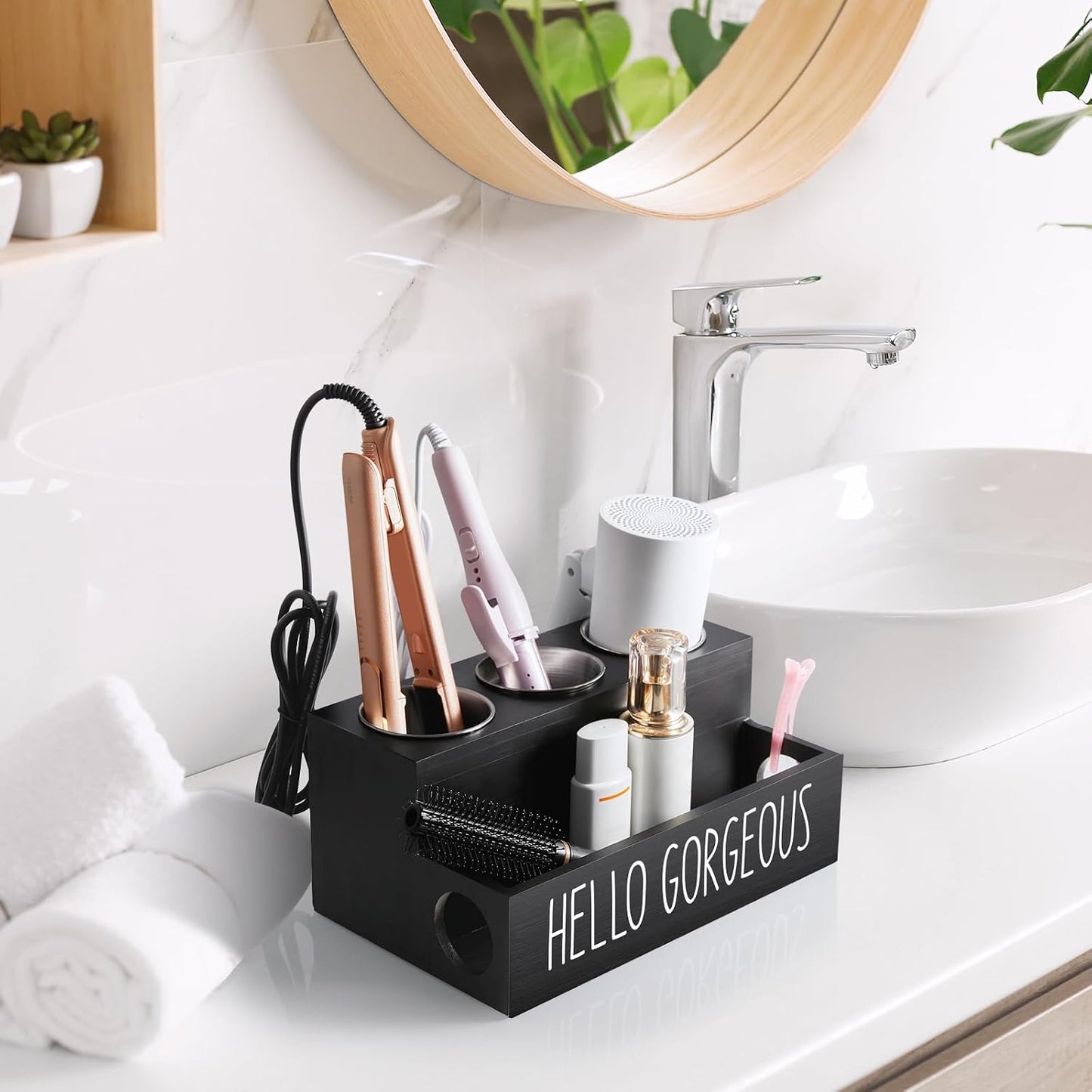 Bivvclaz Hair Tool Organizer, Wooden Hair Dryer Holder Countertop, Wall Mount Hot Tools Organizer for Hair Styling