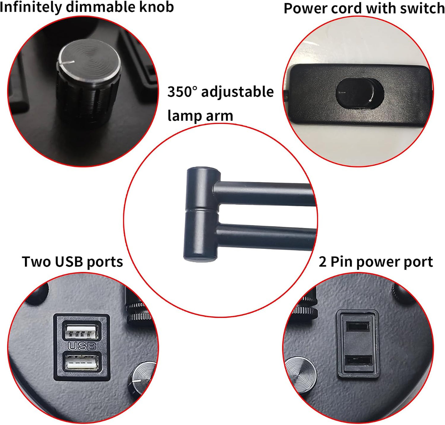 Wall Lamp Plug in with USB and 2 Pin Socket,Wall Mount Lights That Plug in Cord and Switch,Wall Mount Lights for
