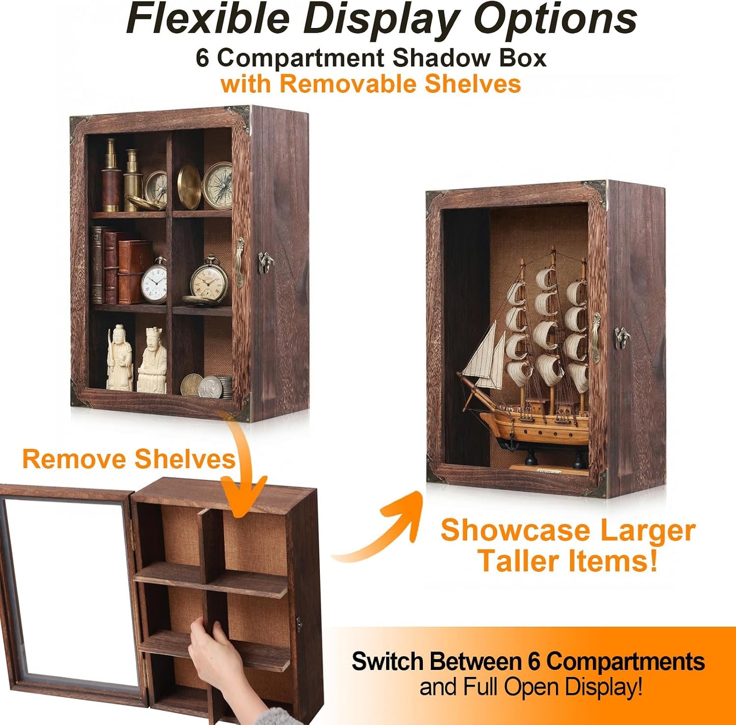 Shadow Box Frame 12x16, 4.7 inches deep, Display Case with Removable Shelves & 6 Compartments, Large Memory Box for