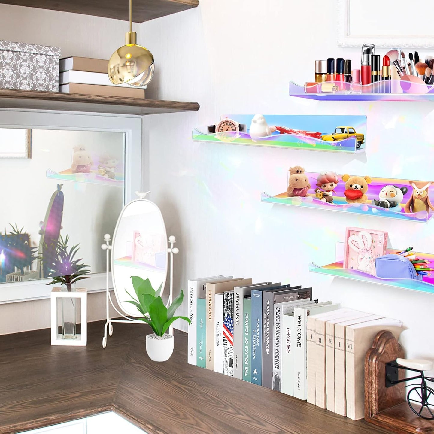 DILIBRA 4 Packs Iridescent Acrylic Floating Shelves, 15.7Inch Display Shelf | Acrylic Invisible Shelf Wall Mounted Set