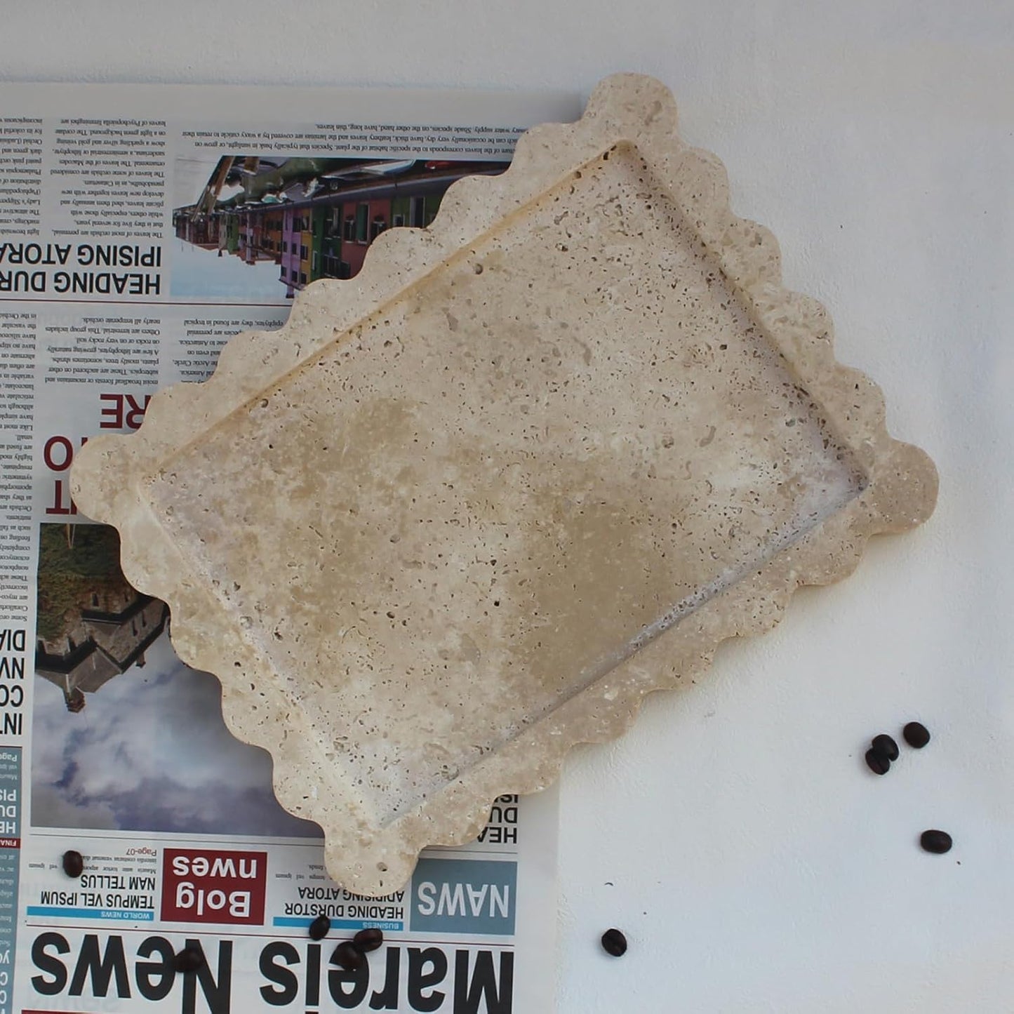 Natural Scalloped Marble Tray / Beige Travertine / 10.8 x 8
