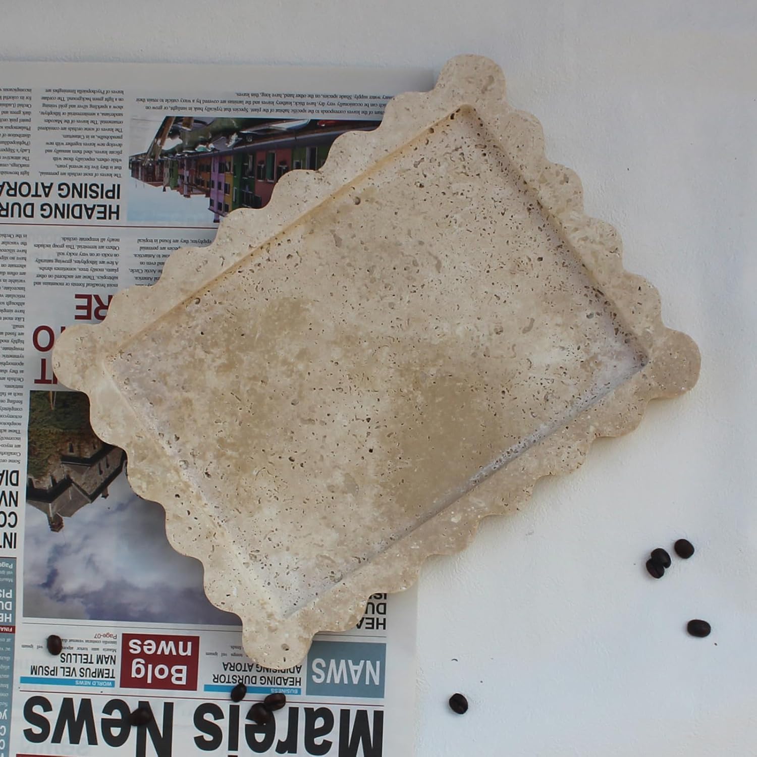 Natural Scalloped Marble Tray / Beige Travertine / 10.8 x 8