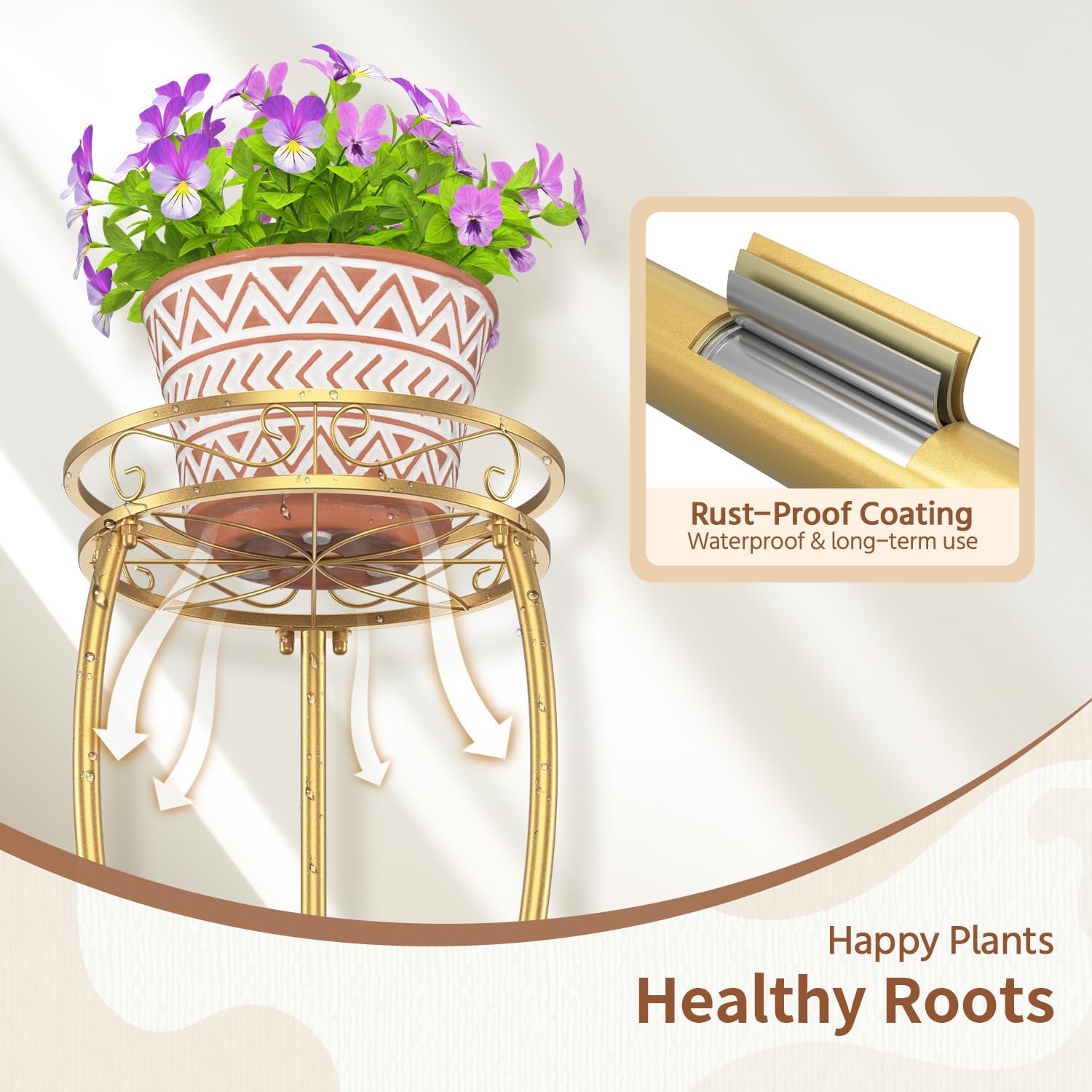 LASZOLA 3 Tiers Metal Corner Plant Flower Stand Tall Indoor Outdoor, Gold | Heavy Duty Small Holder Shelf for Multiple