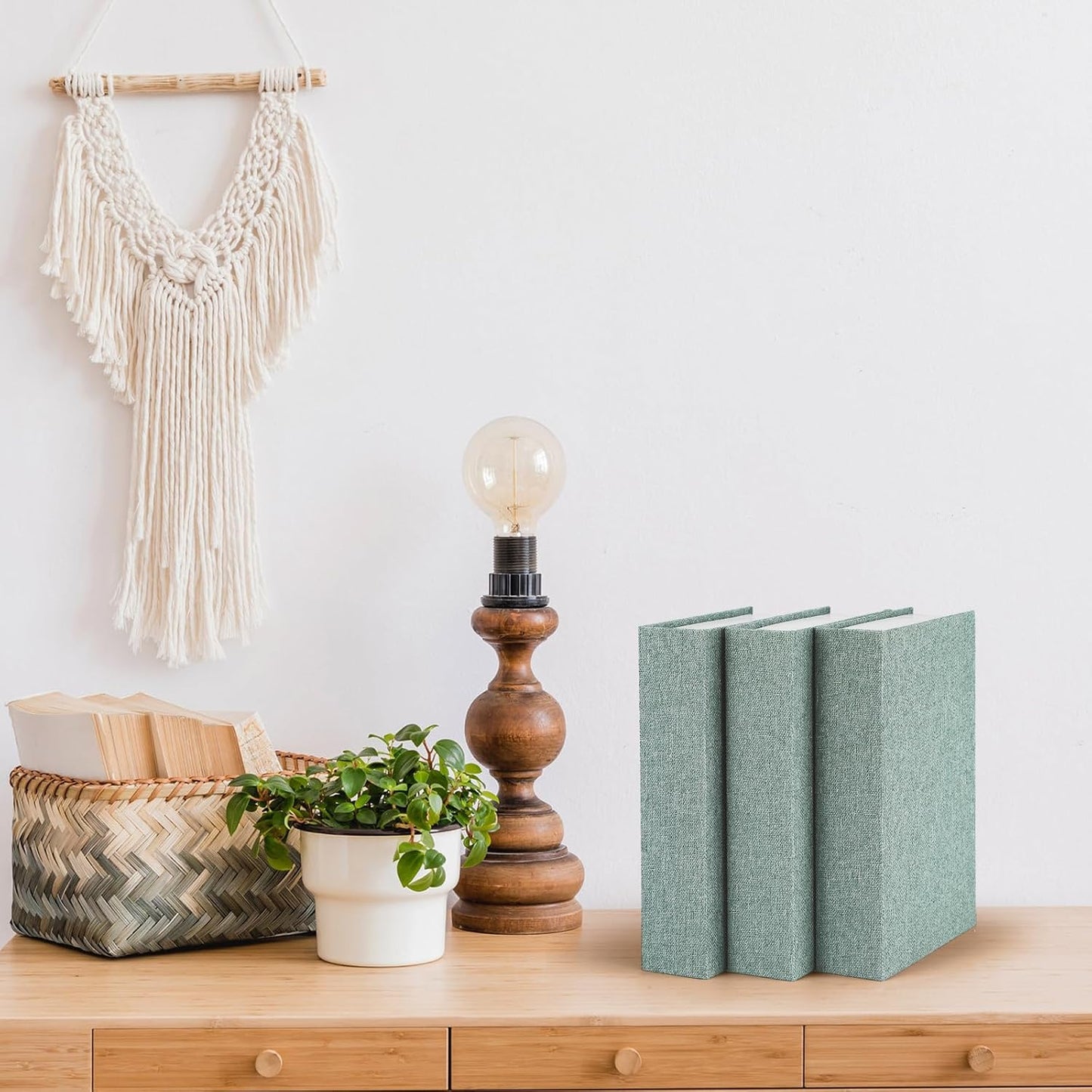 Fake Book Box Neutral Linen Book Box Decorative Faux Prop / 8.6 x 6.1 x 1.8 / Green / Set of 3