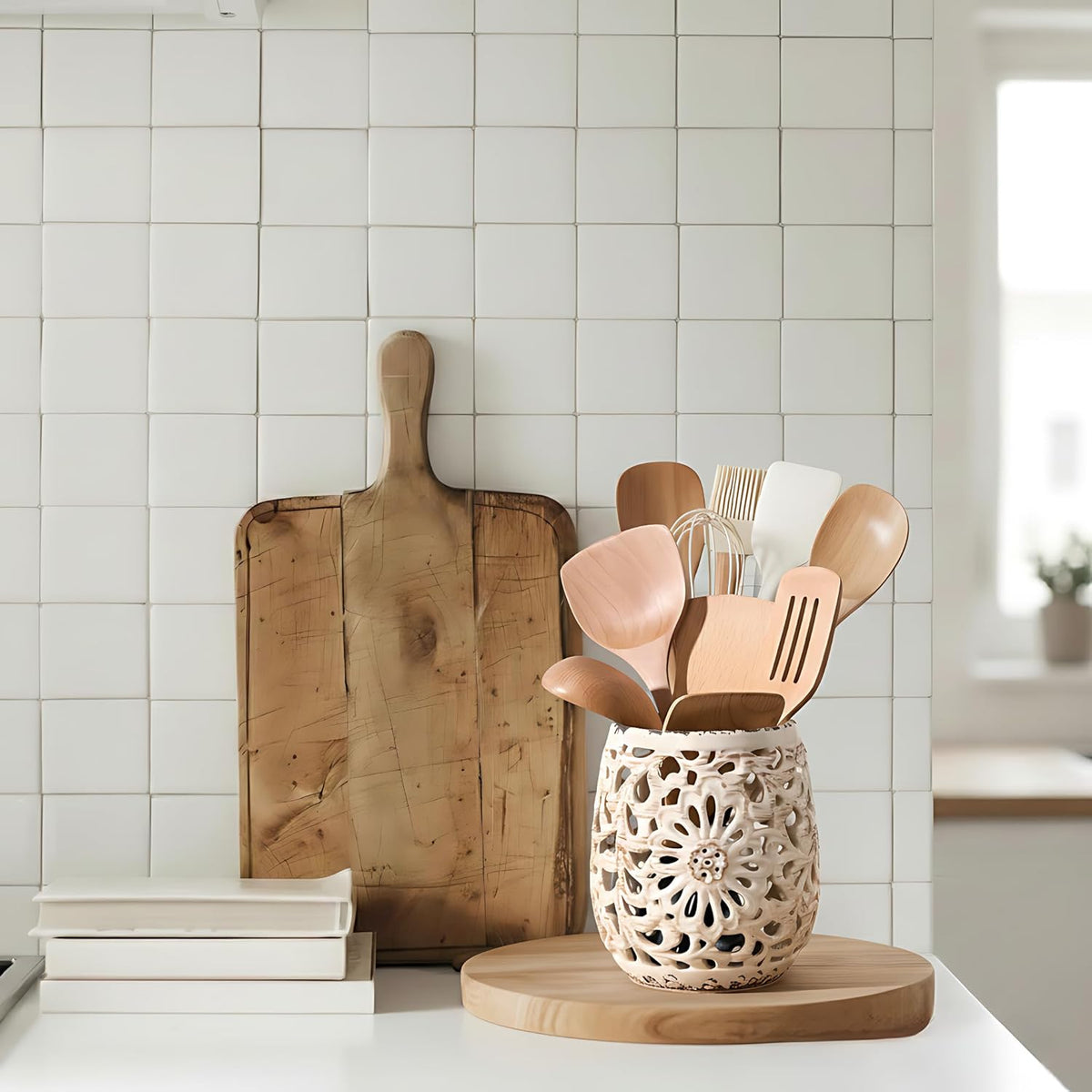 Farmhouse Kitchen Utensil Holder for Kitchen Counter, Ceramic Large Cooking Utensil Crock with Cork Mat, Countertop