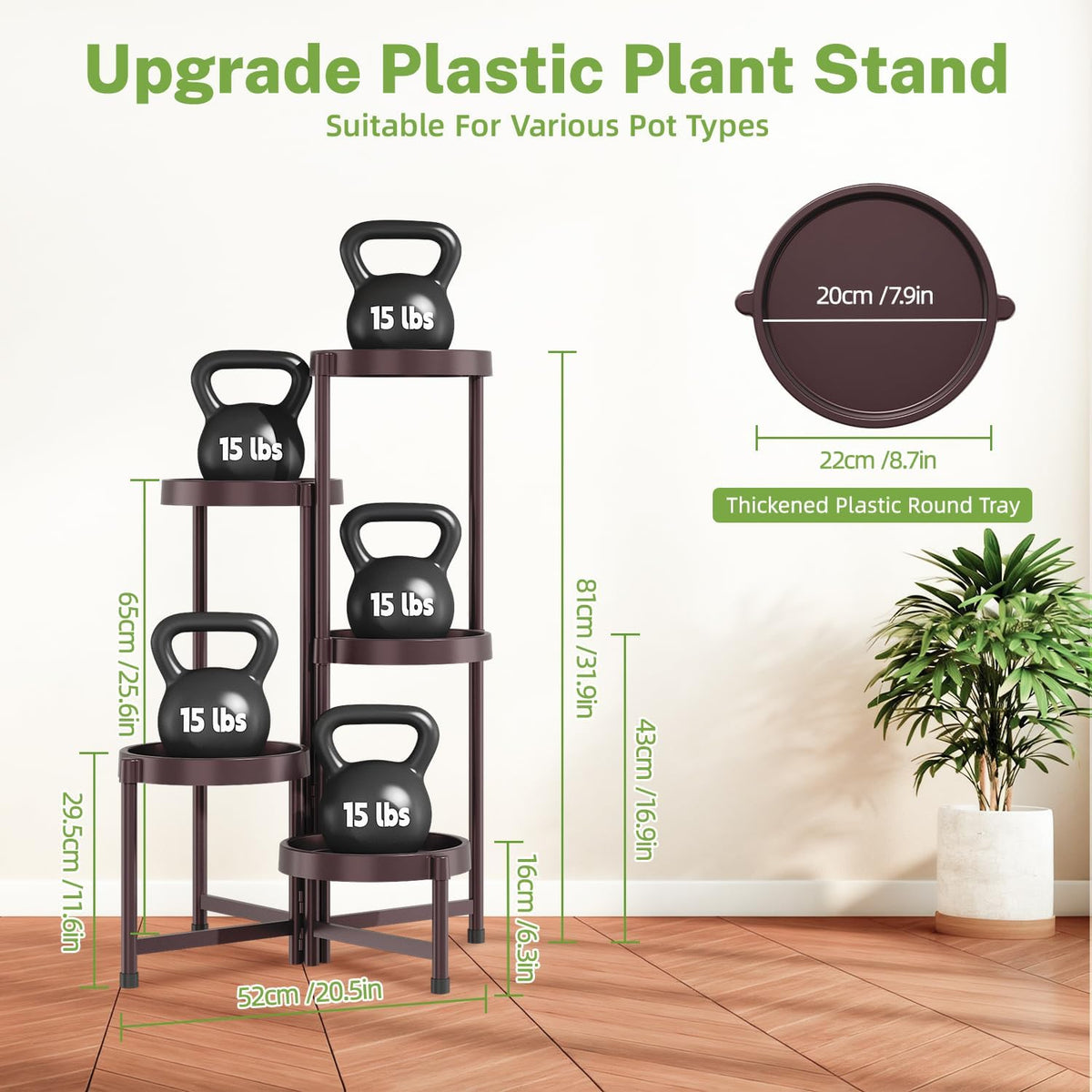 iDavosic.ly 5 Tier Folding Plant Stand Indoor Outdoor, Plastic Tray, Bronze | Space Saving Tiered Corner Storage