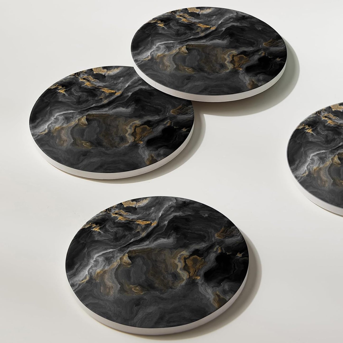 Holder / Absorbent Ceramic Coasters for Drinks / Abstract Black Marble / Set of 6