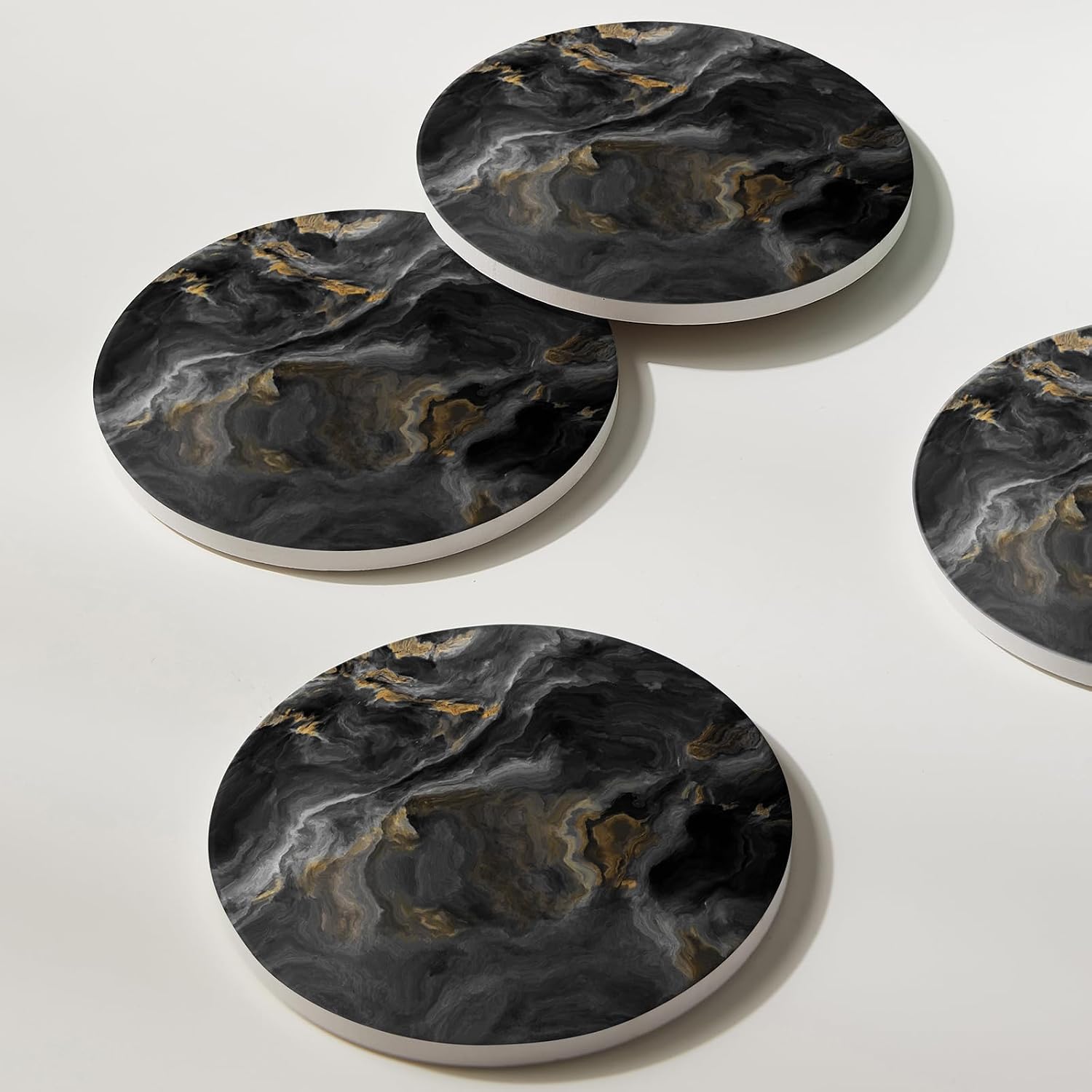 Holder / Absorbent Ceramic Coasters for Drinks / Abstract Black Marble / Set of 6