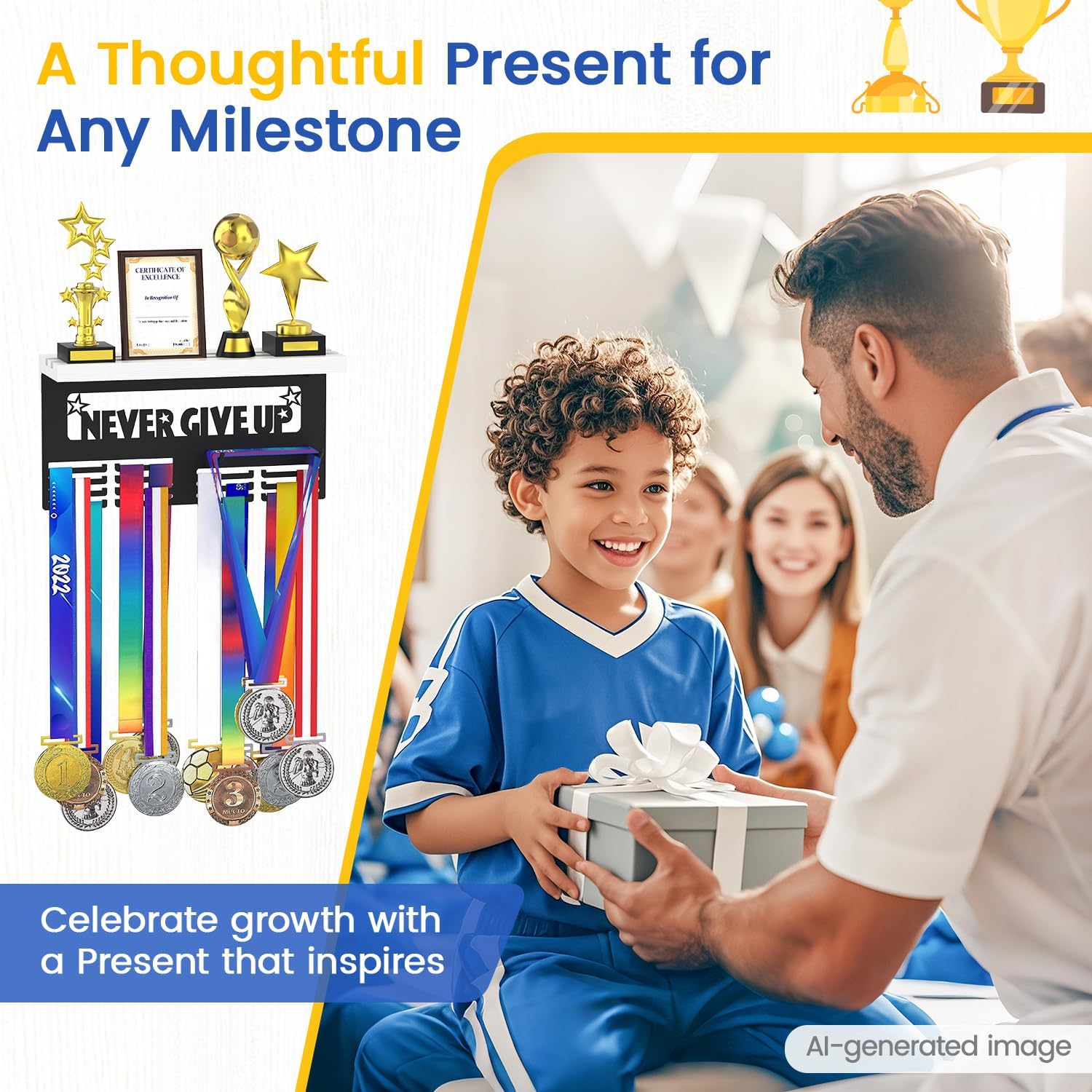 Medal Holder Display Trophy Shelf Organizer, Sturdy Wooden Race Award Hanger Rack with 25 Steel Hooks, Wall Mount