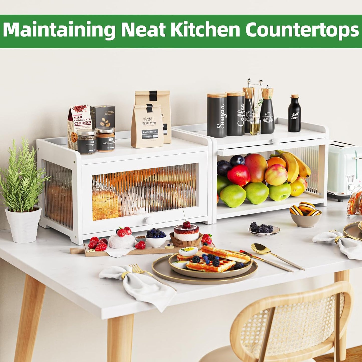 BAMBANG Bamboo Bread Box for Kitchen Countertop, Extra Large Farmhouse Bread Box with 4-Side Clear Panels, Wooden Bread
